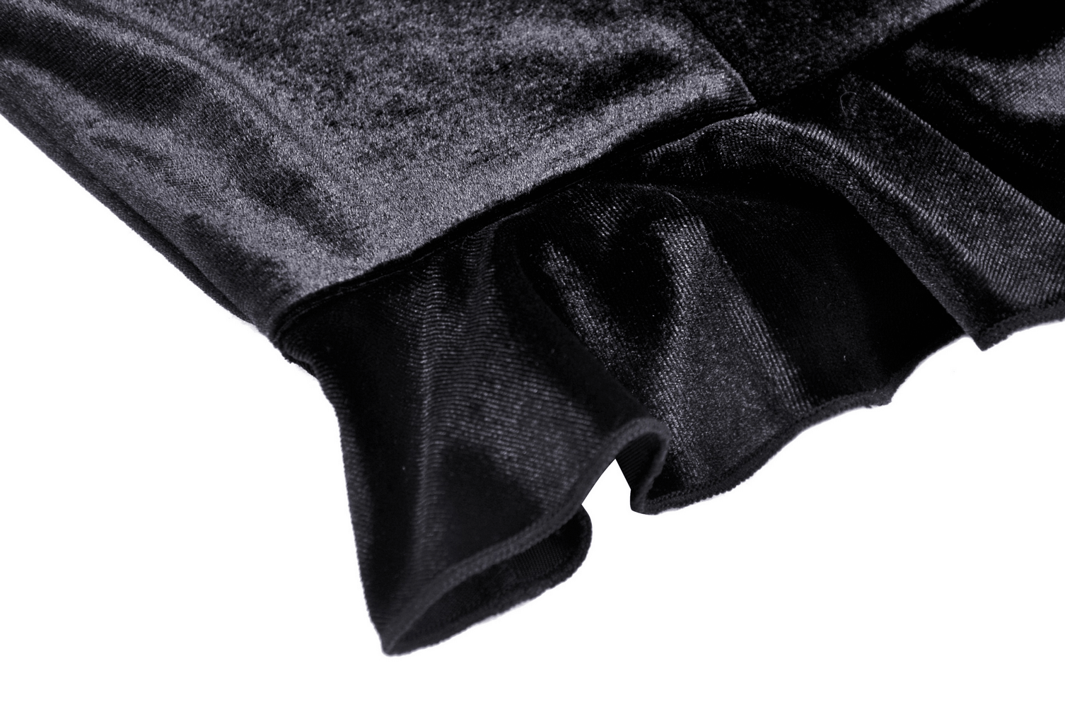 Close-up of the black velvet fabric with ruffled edges, showcasing the elegant texture of the gothic puff sleeve top.