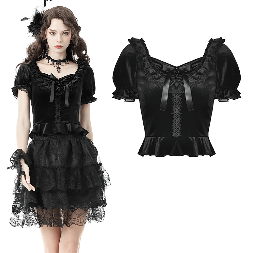 Gothic black velvet puff sleeved top with lace-up detail and satin ribbons, perfect for edgy outfits.