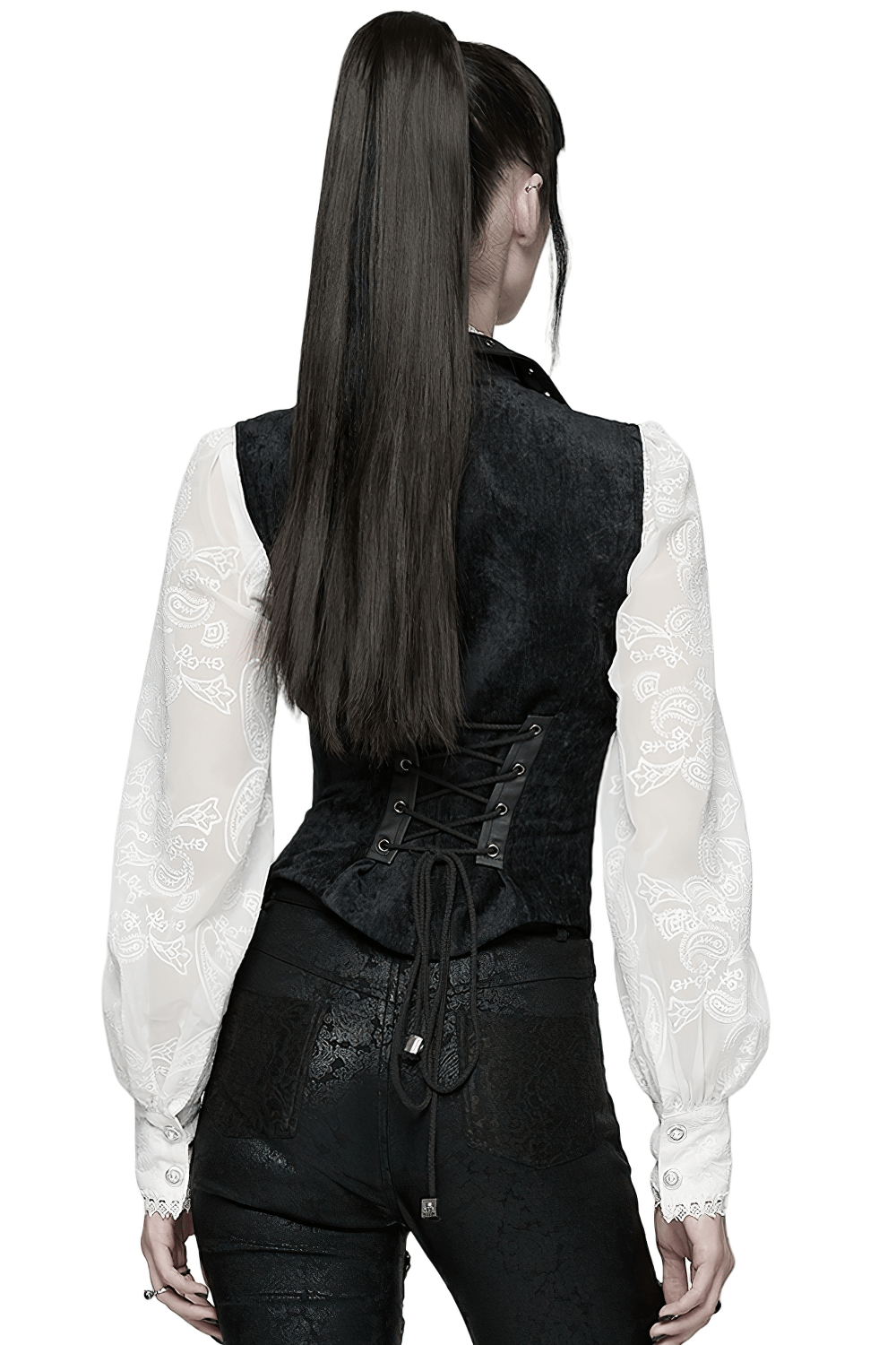 Gothic Black Velvet Punk Vest with Buckle Straps, featuring back lace-up detail and textured black fabric.