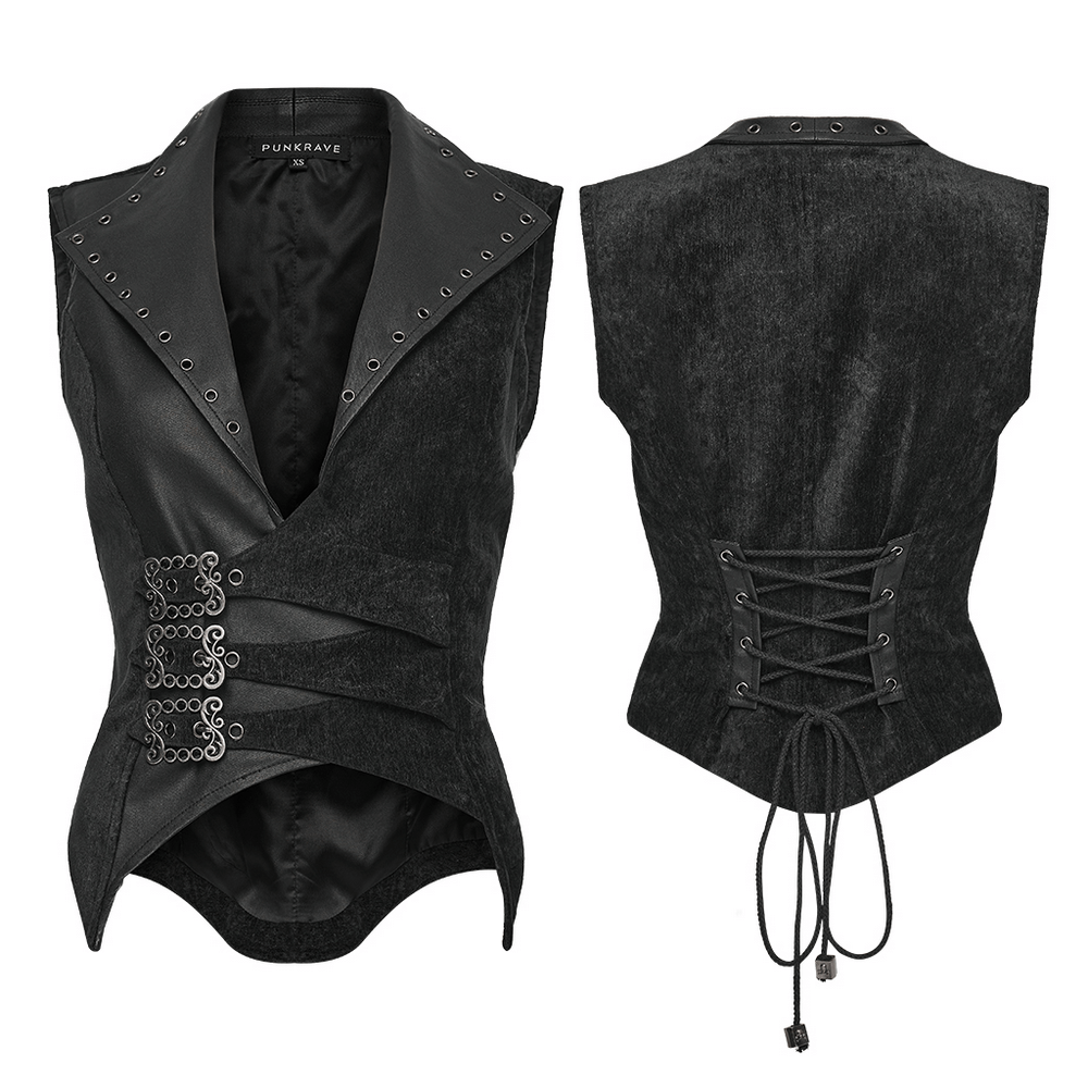 Gothic Black Velvet Punk Vest with Buckle Straps showcasing an edgy design and unique waist detailing.