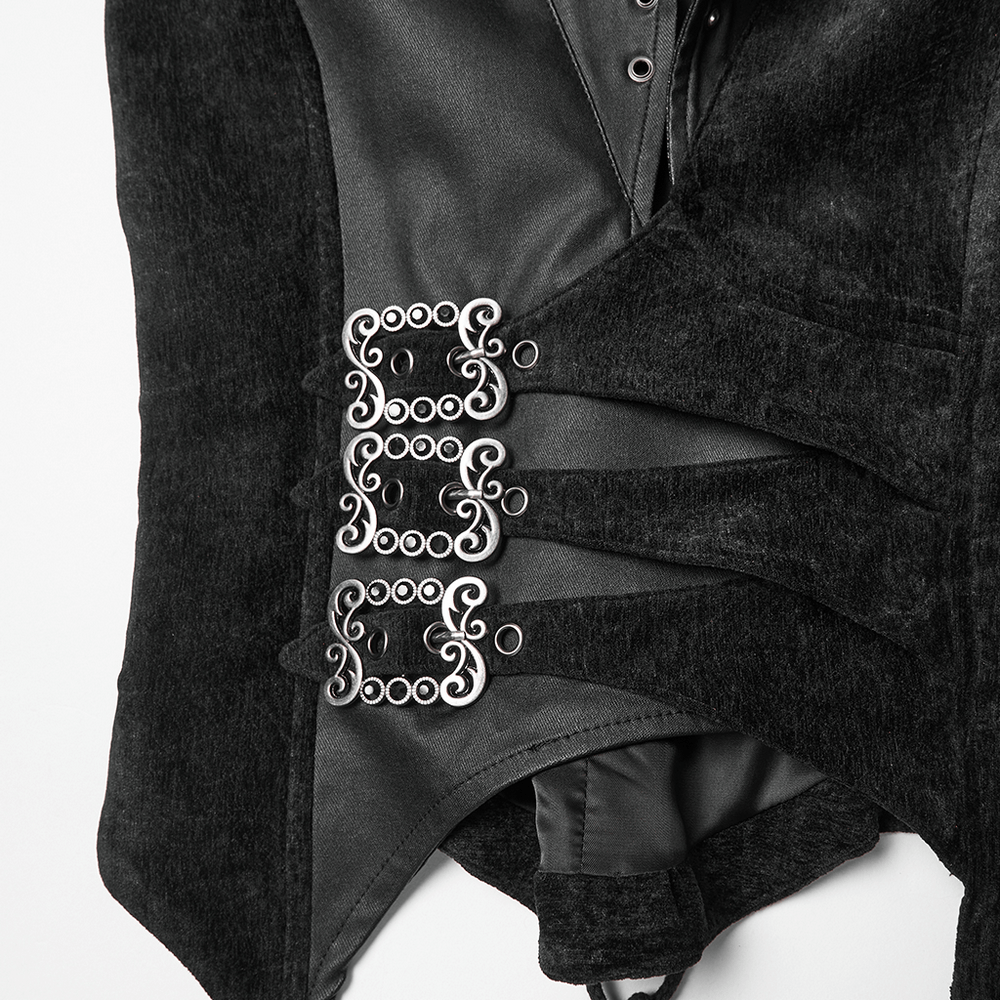 Gothic Black Velvet Punk Vest with Buckle Straps showing detailed buckle design and textured fabric.