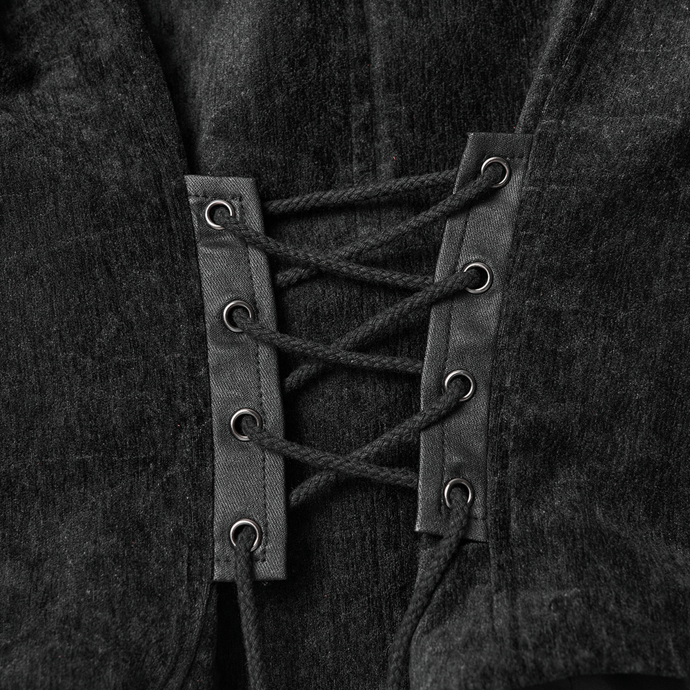 Gothic Black Velvet Punk Vest with Buckle Straps featuring detailed lacing and metal eyelets for a bold look.