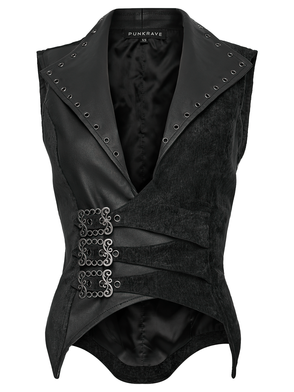 Gothic Black Velvet Punk Vest with Buckle Straps featuring sharp lapels and unique waist detailing.