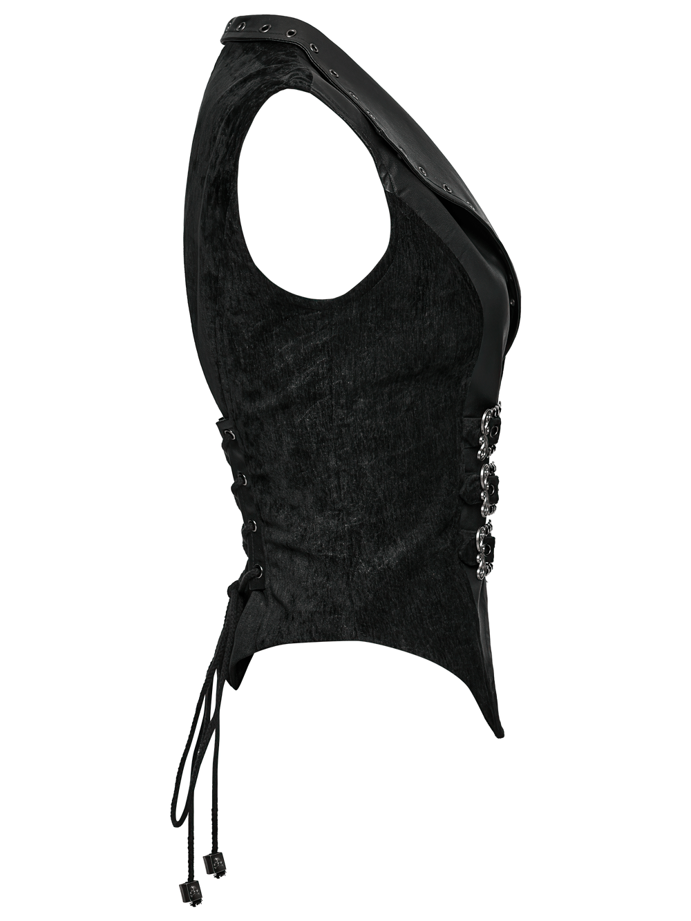 Gothic Black Velvet Punk Vest with Buckle Straps featuring a textured design and adjustable back drawstring.