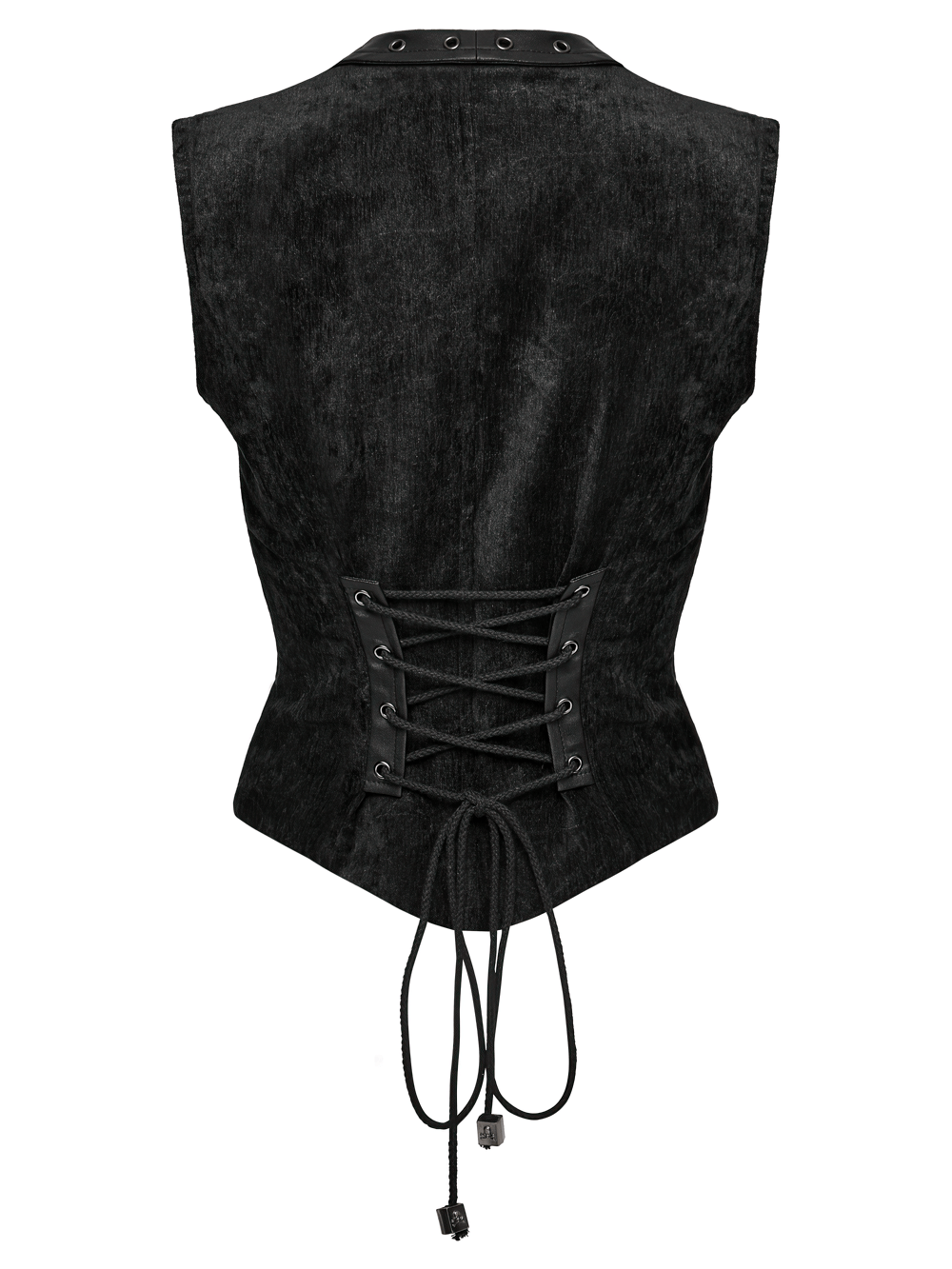 Gothic Black Velvet Punk Vest with Buckle Straps featuring a stylish laced back and adjustable drawstring.