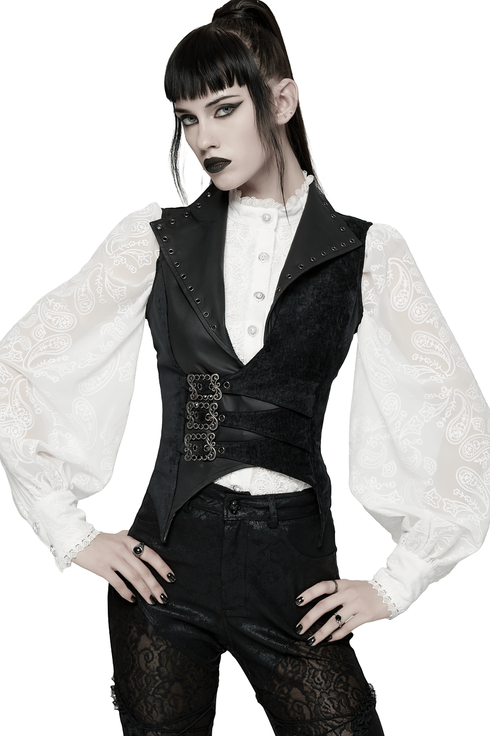 Gothic Black Velvet Punk Vest with Buckle Straps worn by model, showcasing edgy style and unique waist detailing.