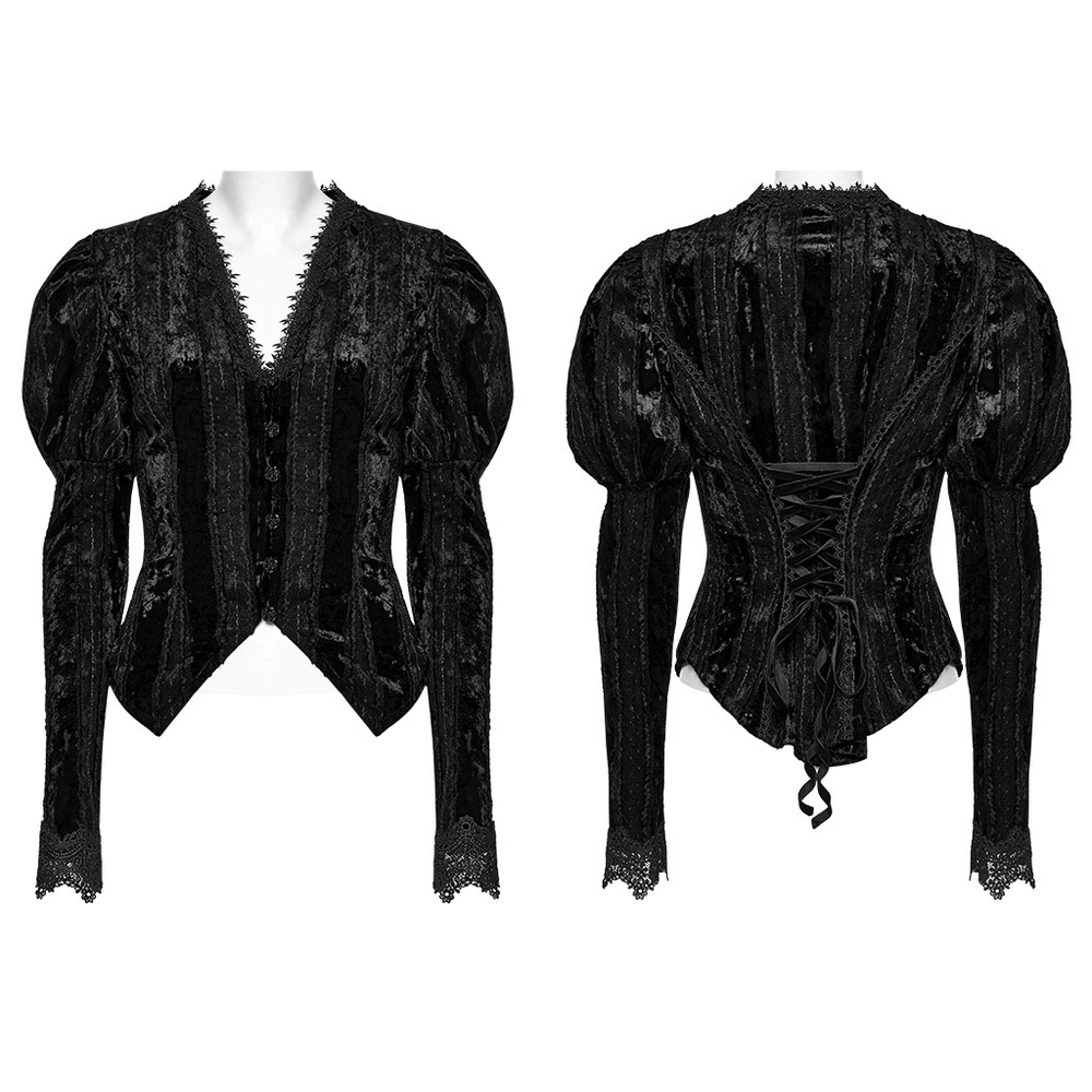 Gothic black velvet shirt with gigot sleeves, lace-up back, and embroidered details for a vintage-inspired look.