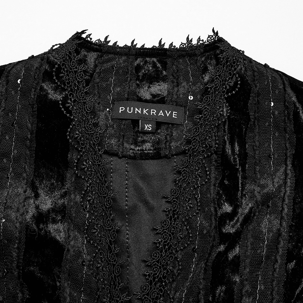 Close-up of Gothic black velvet shirt collar with lace trim and PUNKRAVE label, showcasing vintage elegance.