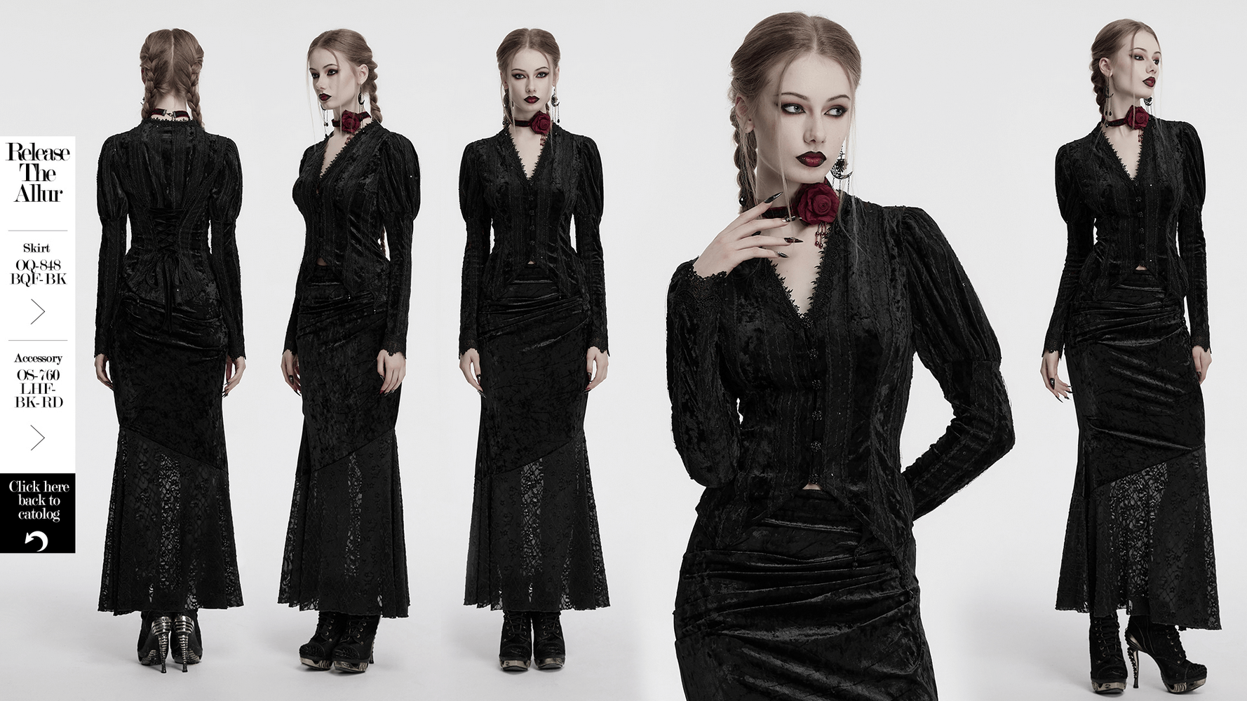 Model showcasing a Gothic black velvet shirt with gigot sleeves and intricate lace details.
