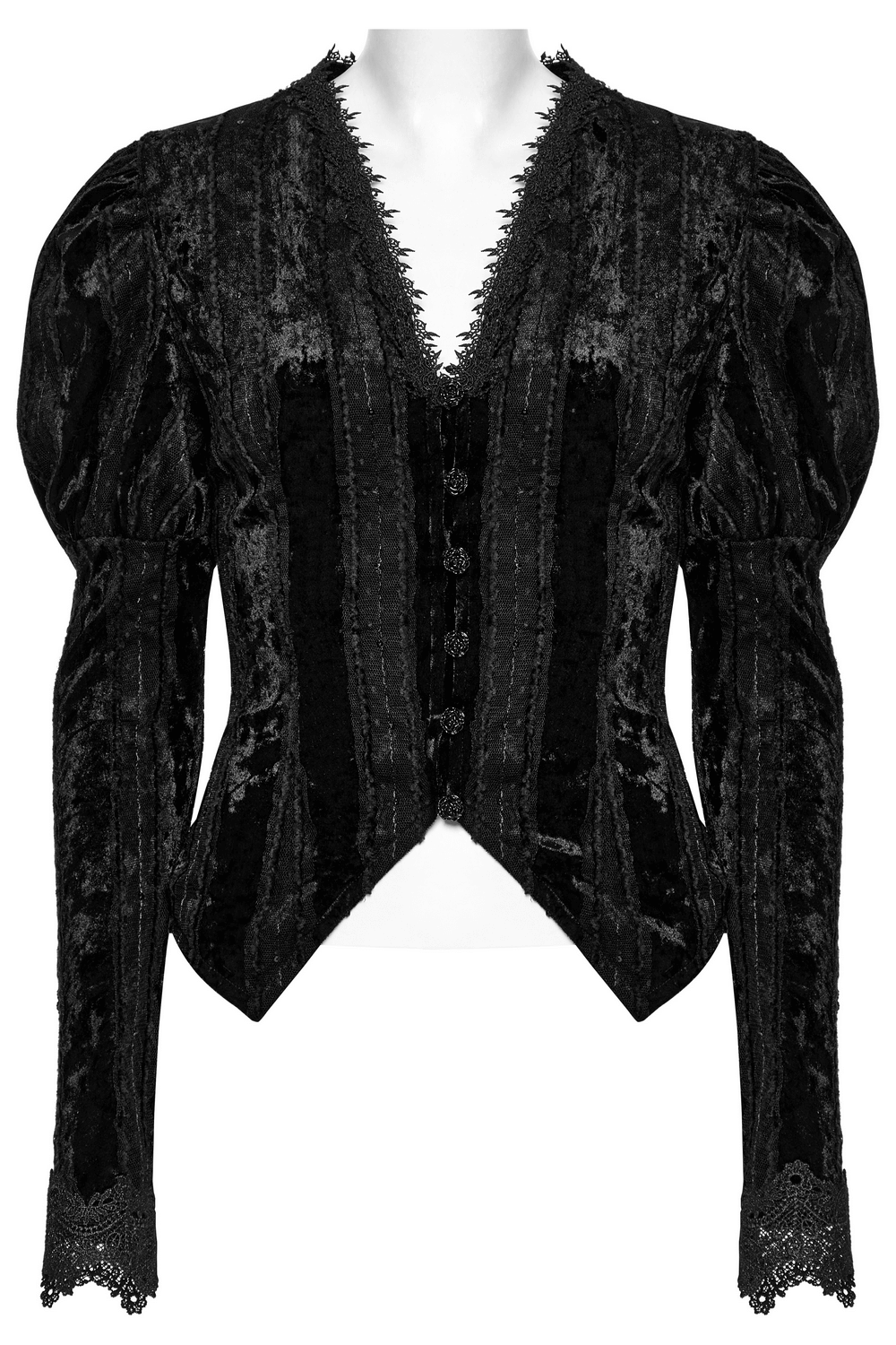 Gothic black velvet shirt with gigot sleeves and lace detailing, perfect for vintage-inspired fashion.