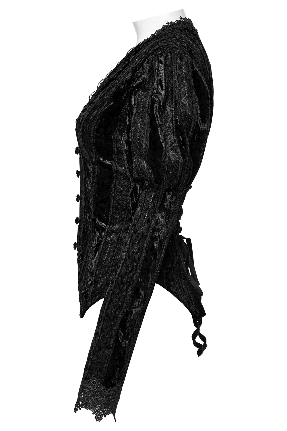 Gothic black velvet shirt with gigot sleeves, lace trim, and adjustable waist detail, perfect for Victorian-inspired outfits.