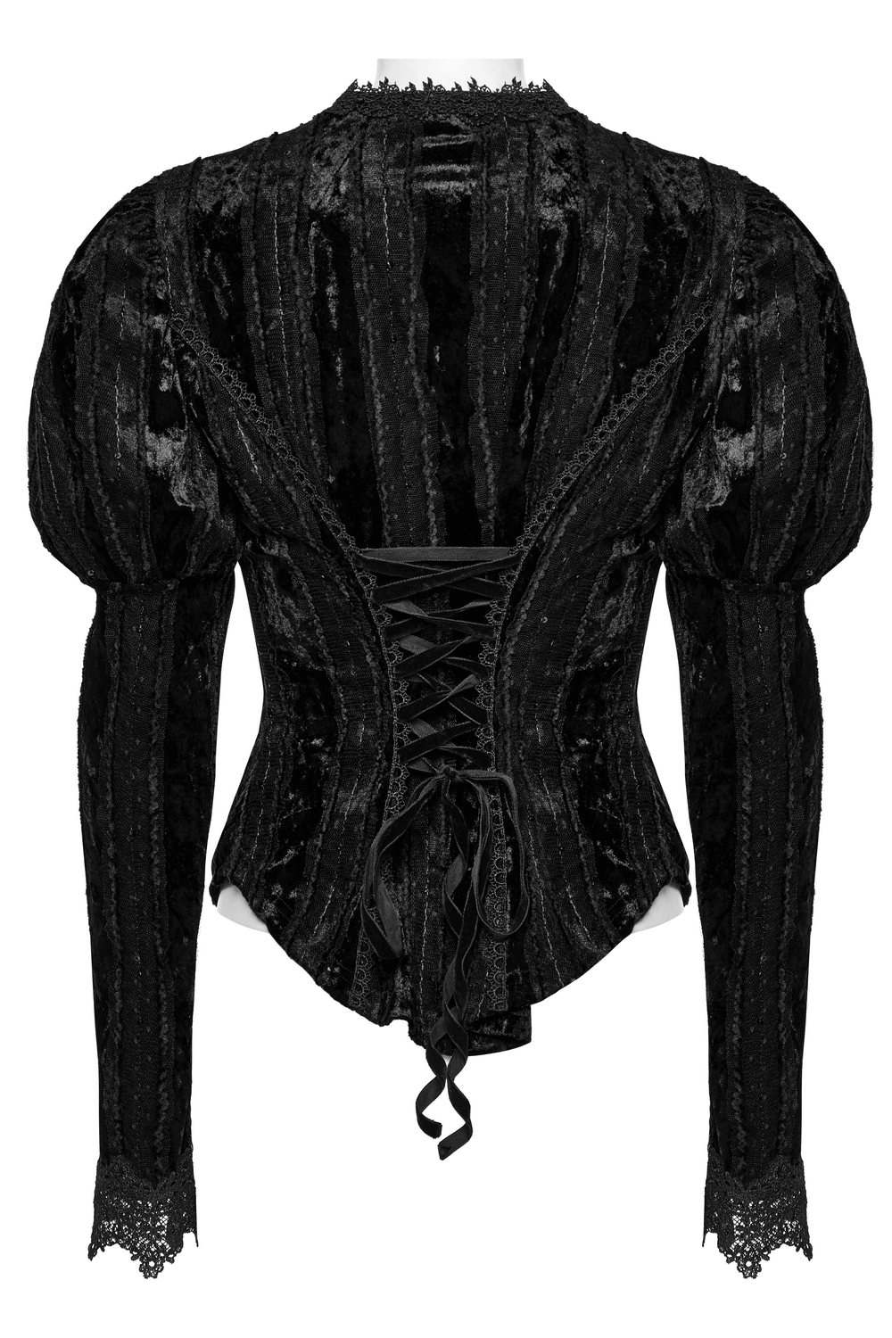 Back view of Gothic black velvet shirt with gigot sleeves and lace-up waist for Victorian-inspired style.