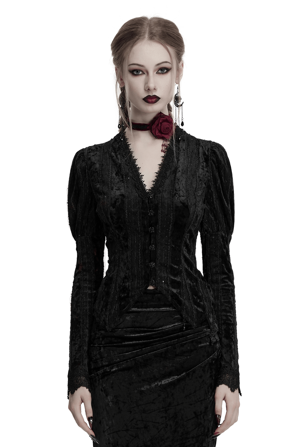 Gothic black velvet shirt with gigot sleeves and lace-up back, perfect for Victorian-inspired looks.