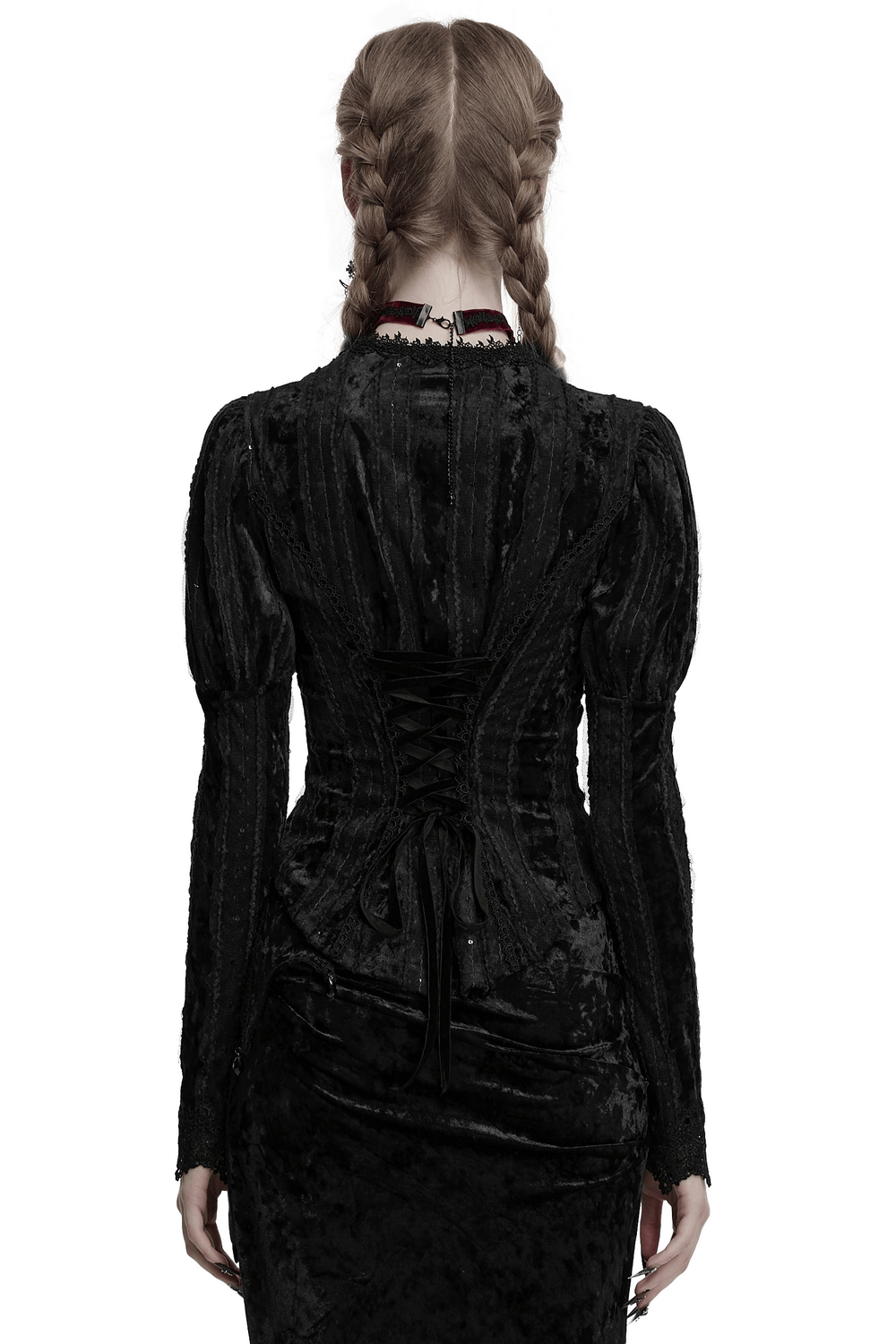 Back view of Gothic Black Velvet Shirt showcasing gigot sleeves and adjustable lace-up waist for a Victorian-inspired look.