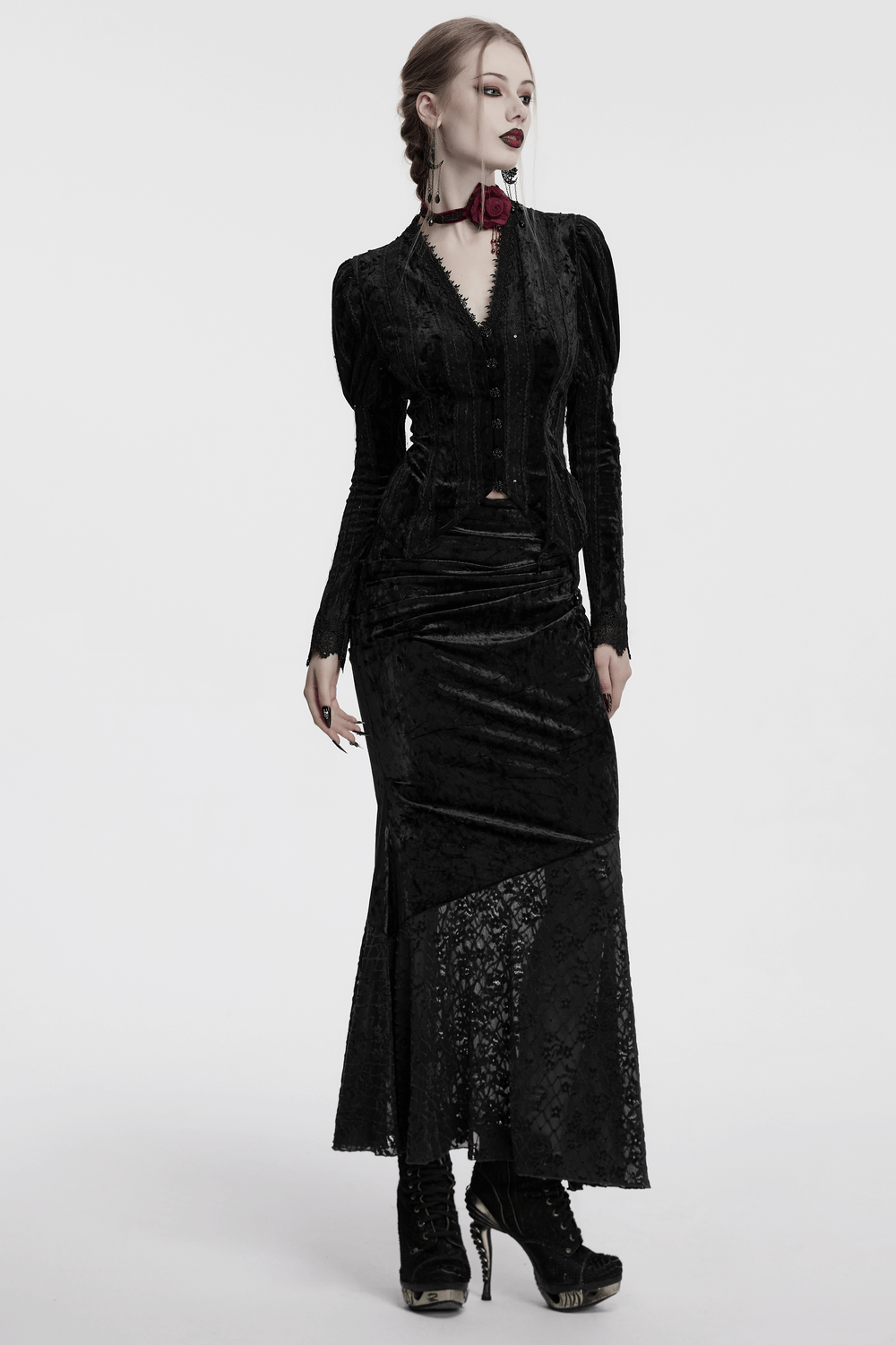 Gothic black velvet shirt with gigot sleeves and lace-up waist for a regal Victorian-inspired look.