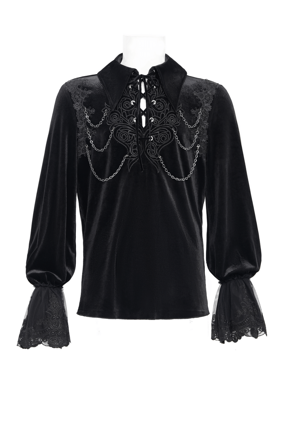 Elegant Gothic black velvet shirt with intricate lace and chain details, featuring long lace cuffs and a lace-up design.