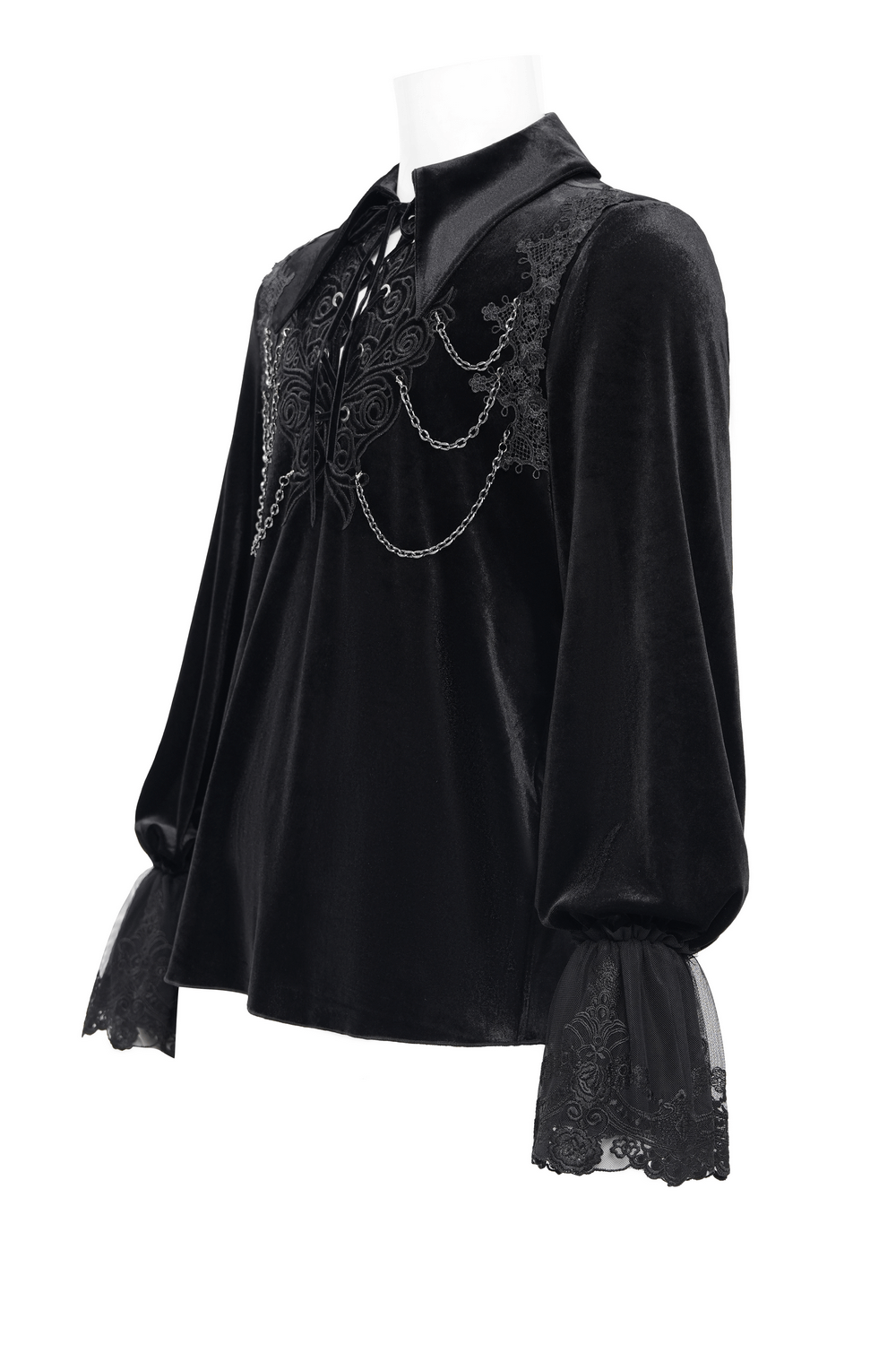 Elegant Gothic black velvet shirt with lace and chain details, featuring long sleeves and unique lace-up design.