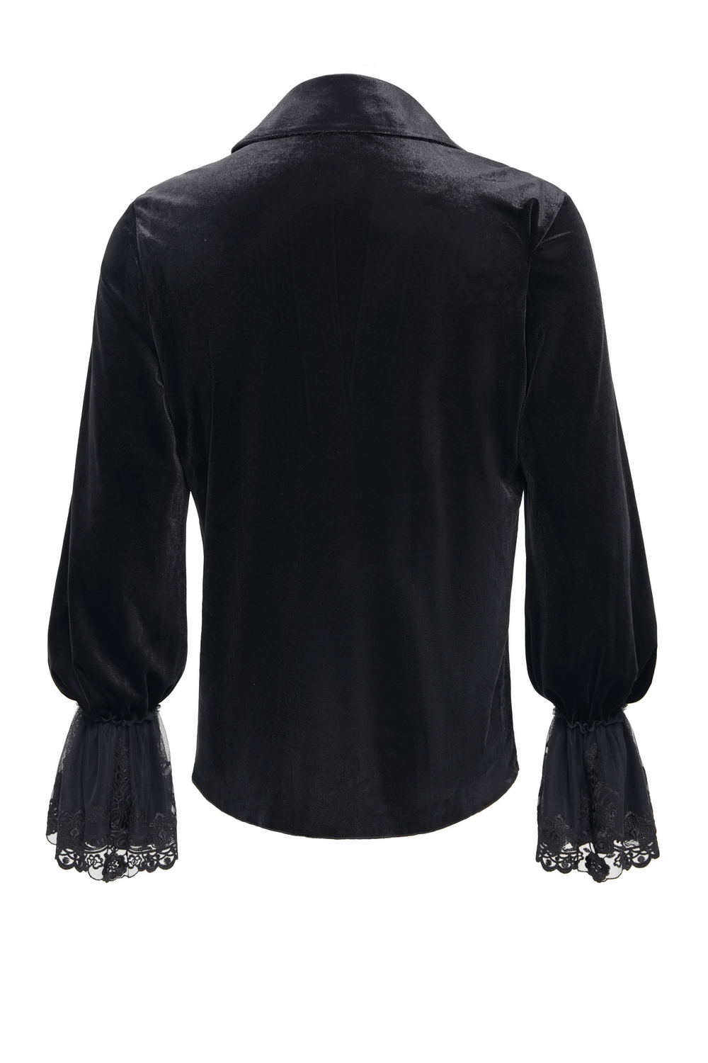 Elegant black velvet shirt with lace cuffs, showcasing Victorian-style design and sophisticated back view.