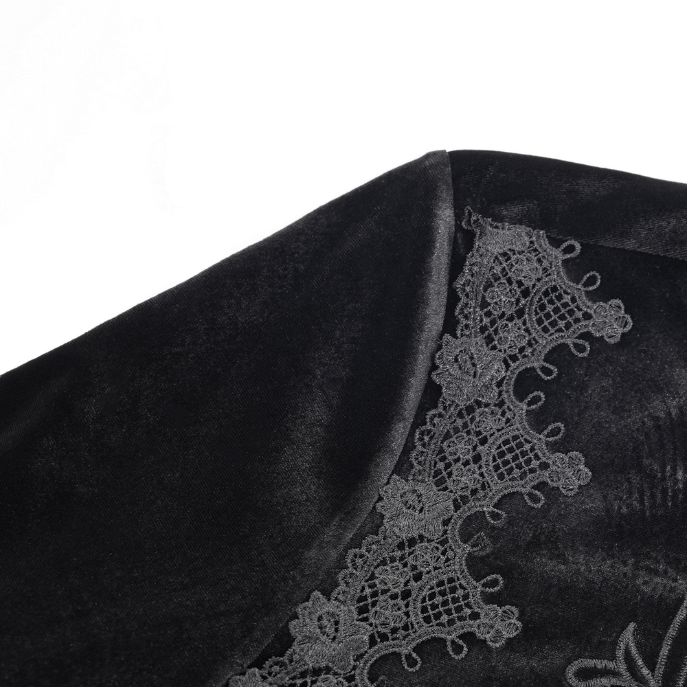 Close-up of the elegant lace detail on the Gothic black velvet shirt, showcasing intricate Victorian-style design.