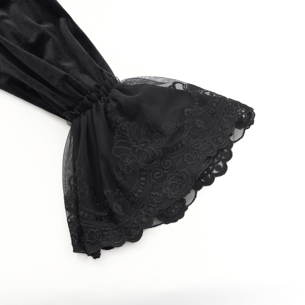 Elegant black velvet sleeve with intricate lace cuff details, perfect for a gothic Victorian-inspired look.