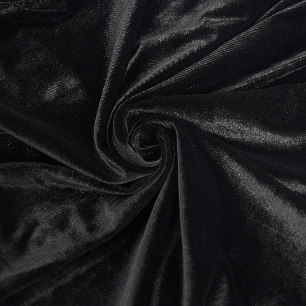 Luxurious black velvet fabric showcasing a smooth, elegant texture, perfect for gothic fashion designs.