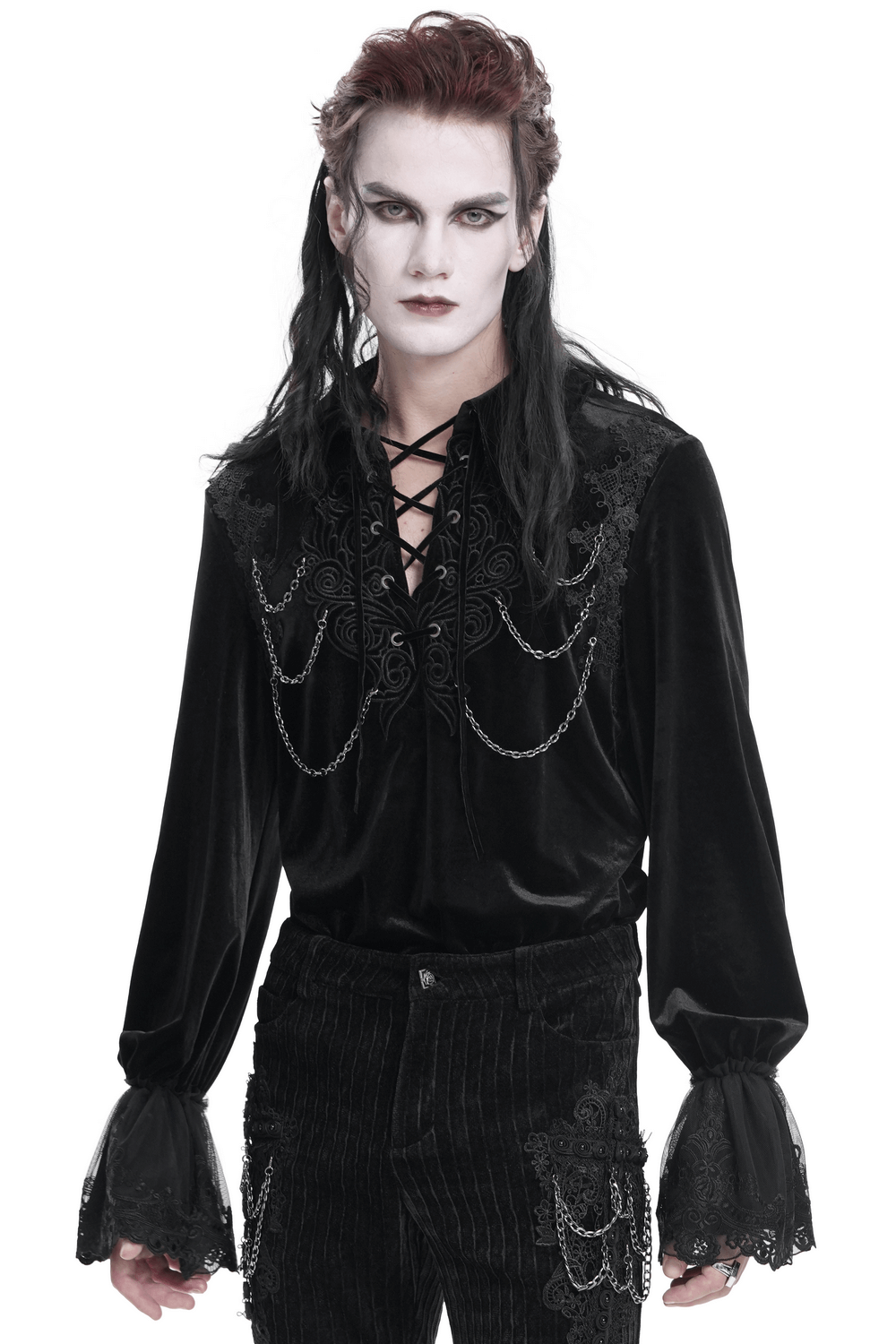 Elegant gothic black velvet shirt with lace-up front and chain details, perfect for Victorian-inspired fashion.