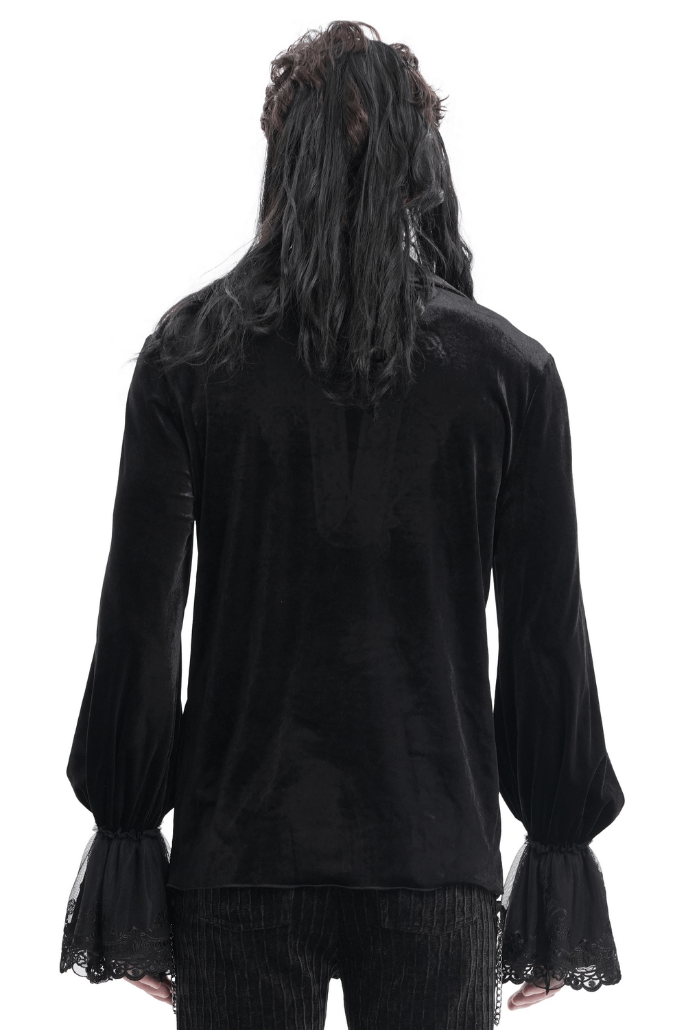 Back view of Gothic black velvet shirt with lace cuffs, showcasing elegant Victorian style and intricate details.