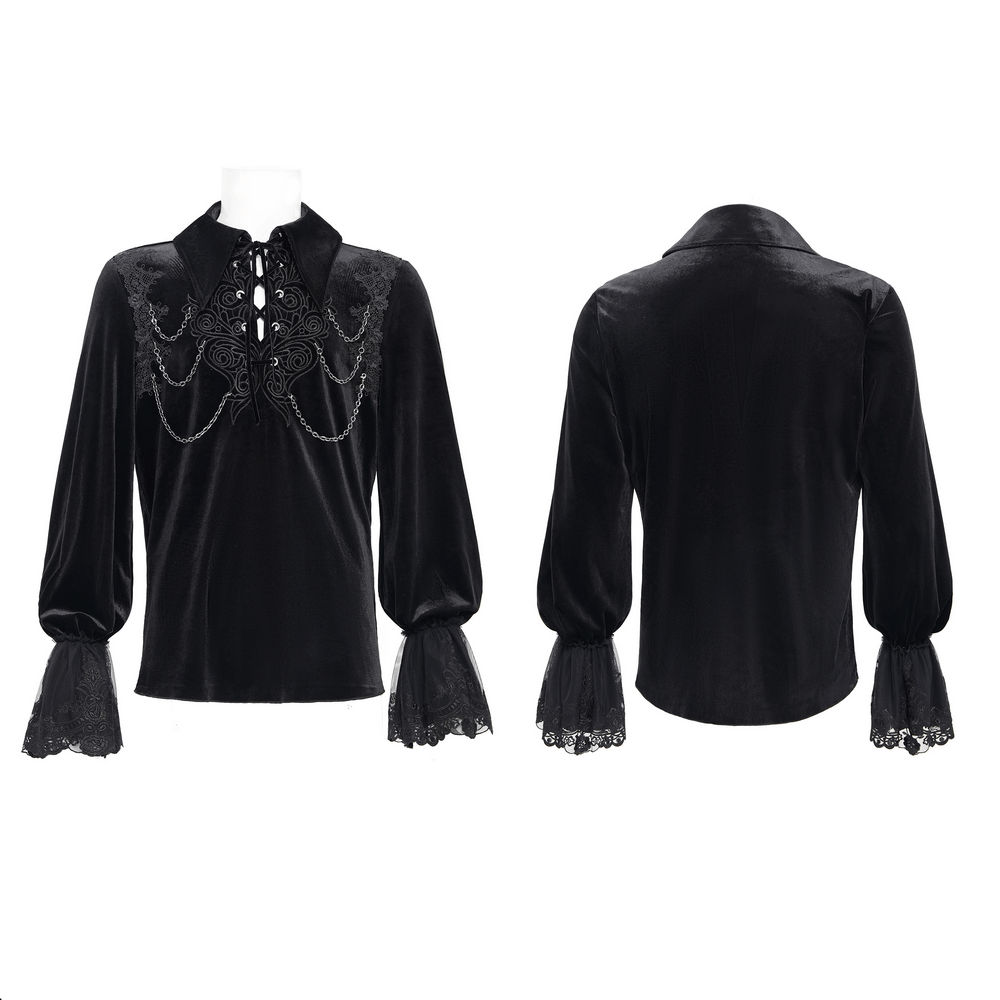 Gothic black velvet shirt with lace cuffs and chain details, featuring a lace-up front design, perfect for Victorian elegance.