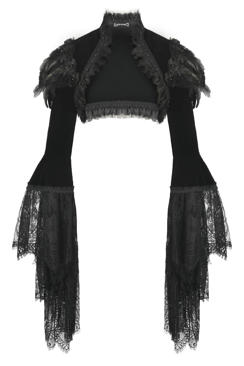 Gothic Black Velvet Shrug with Lace and Feather Trim featuring lace bell sleeves and feathered shoulder details.