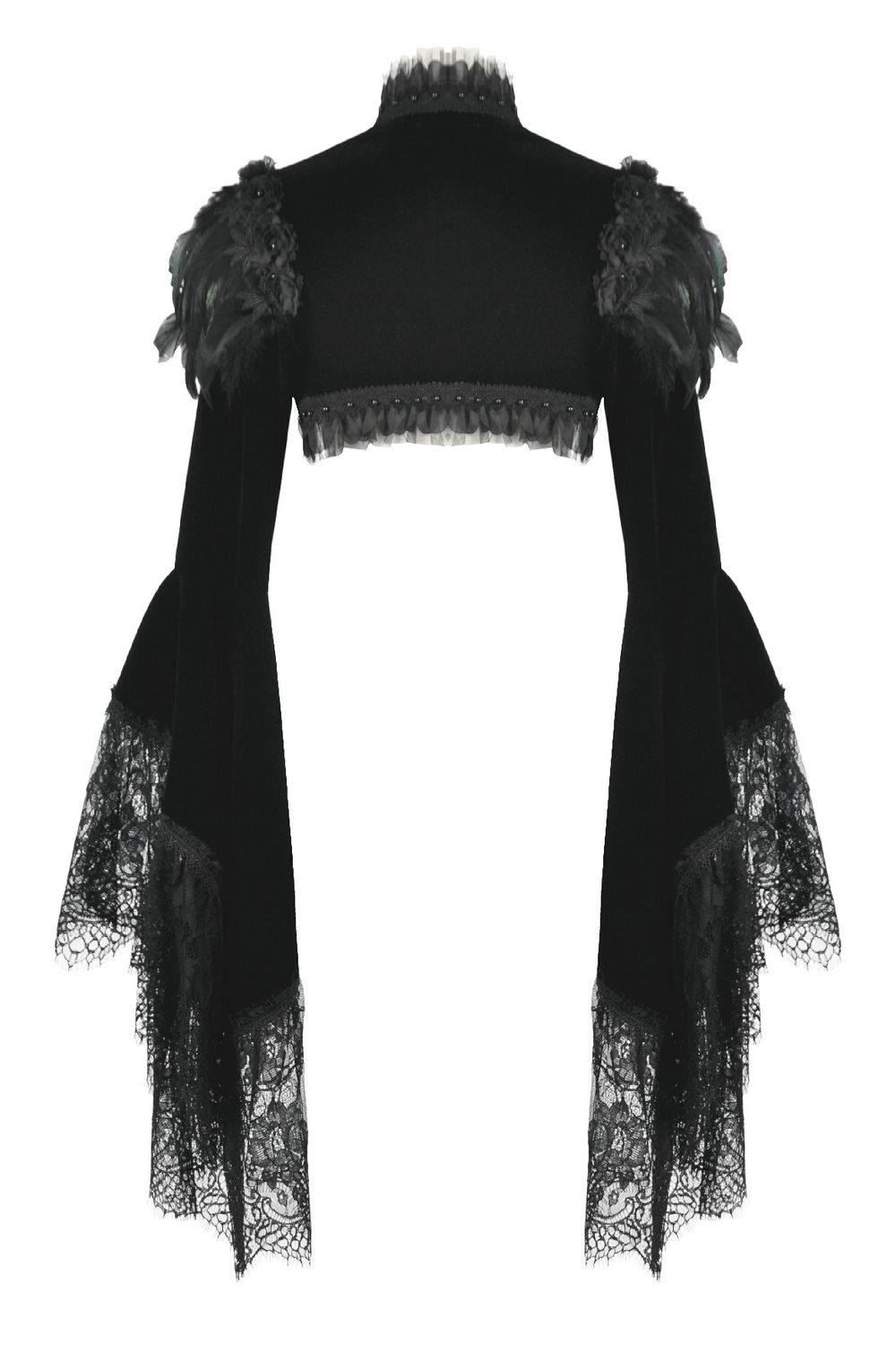 Gothic Black Velvet Shrug with Lace and Feather Trim featuring lace bell sleeves and feathered shoulder details.