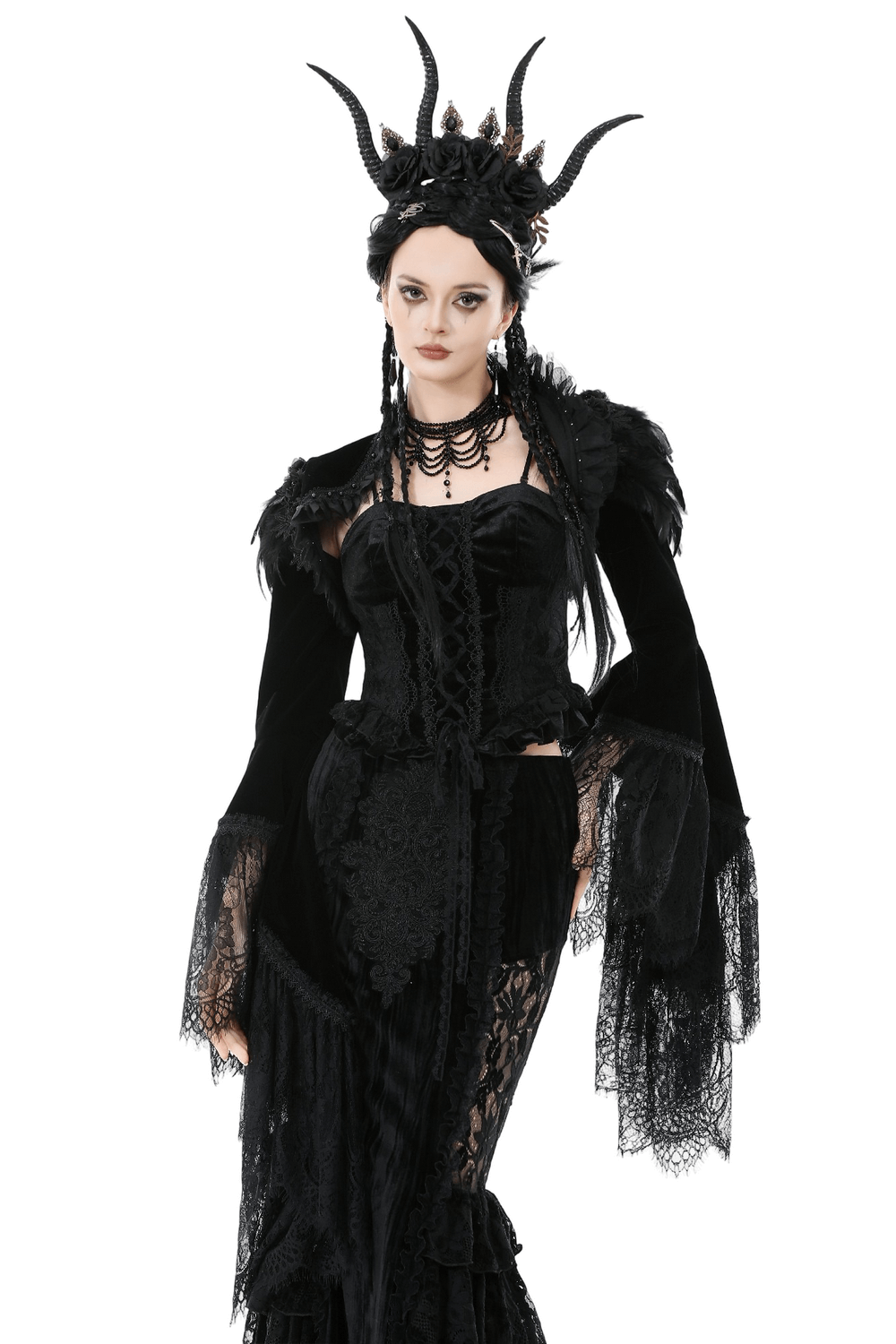 Gothic Black Velvet Shrug with Lace and Feather Trim, featuring elegant lace bell sleeves and dark romantic styling.