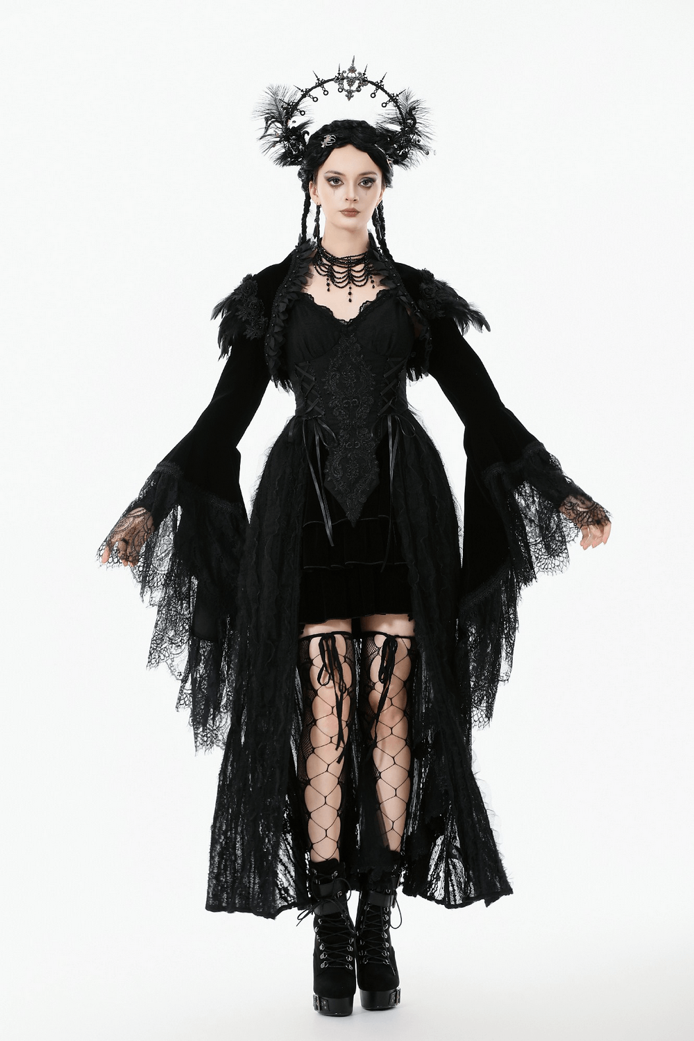 Gothic Black Velvet Shrug with Lace and Feather Trim paired with a striking gothic outfit and accessories.