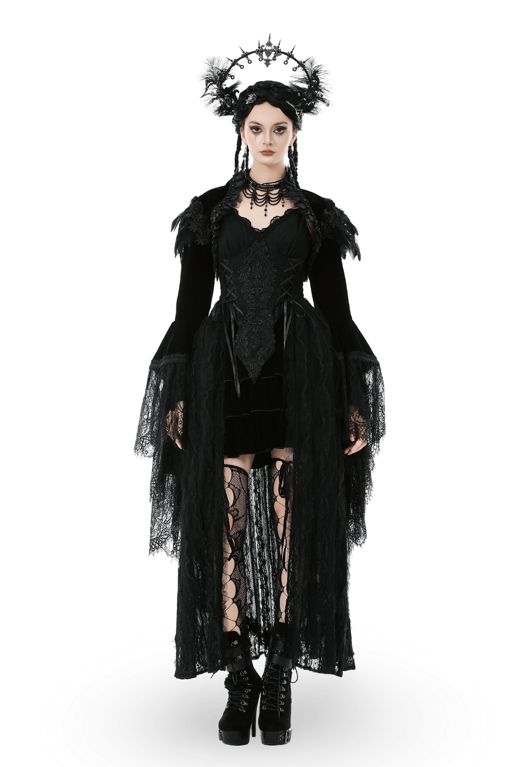 Gothic Black Velvet Shrug with Lace and Feather Trim worn by model, showcasing dark romance fashion style.