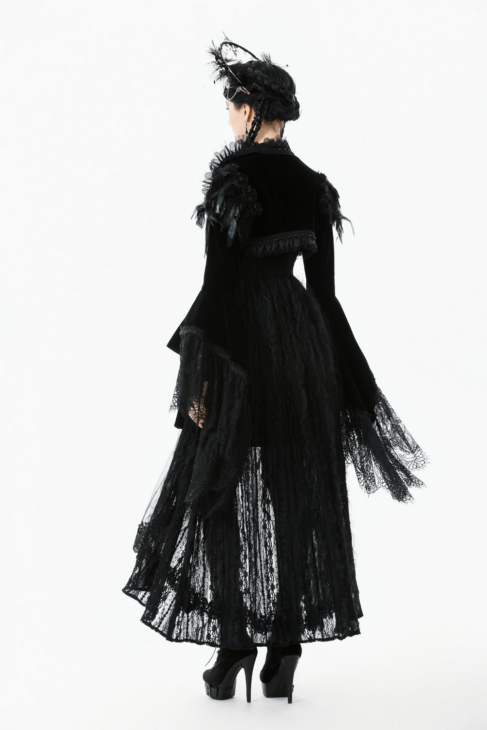 Gothic Black Velvet Shrug with Lace and Feather Trim worn with a flowing lace gown and dramatic sleeves.