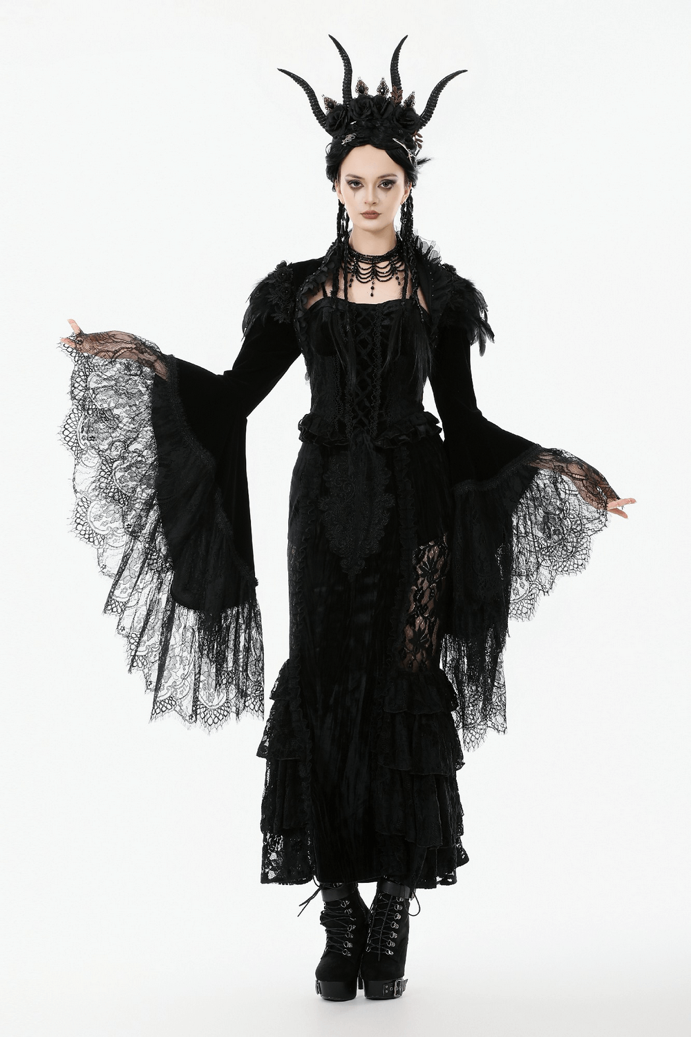Gothic Black Velvet Shrug with Lace and Feather Trim worn with a stunning dark gothic attire and horned headpiece.
