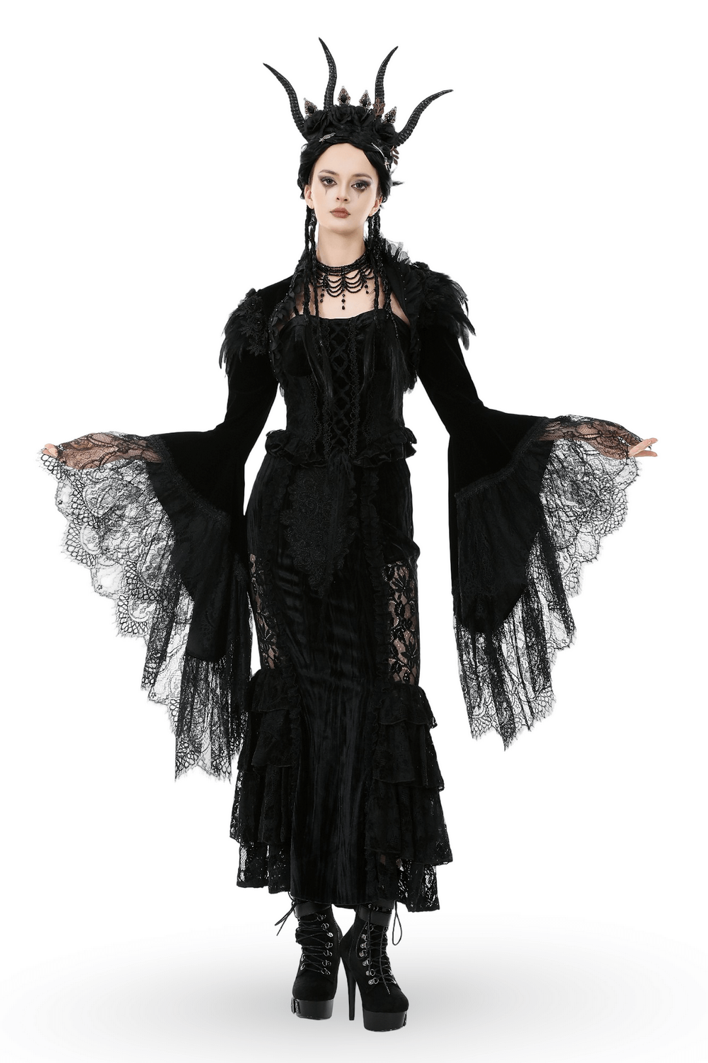 Gothic Black Velvet Shrug with Lace and Feather Trim worn with dramatic bell sleeves and intricate lace detailing.