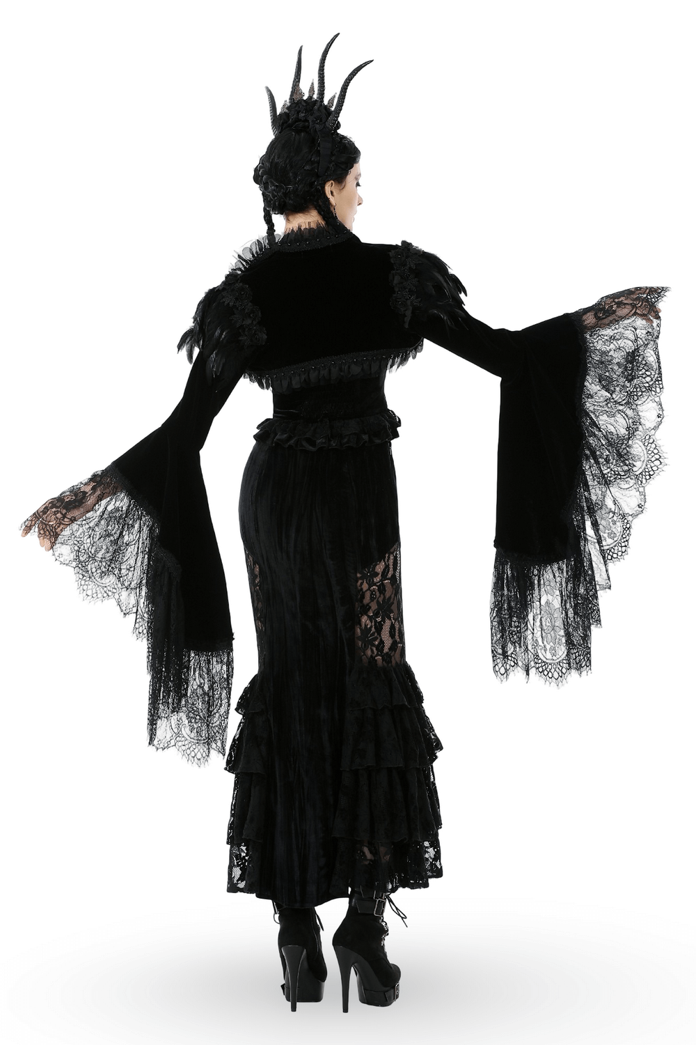 Gothic Black Velvet Shrug with Lace and Feather Trim, featuring lace bell sleeves and feathered details.