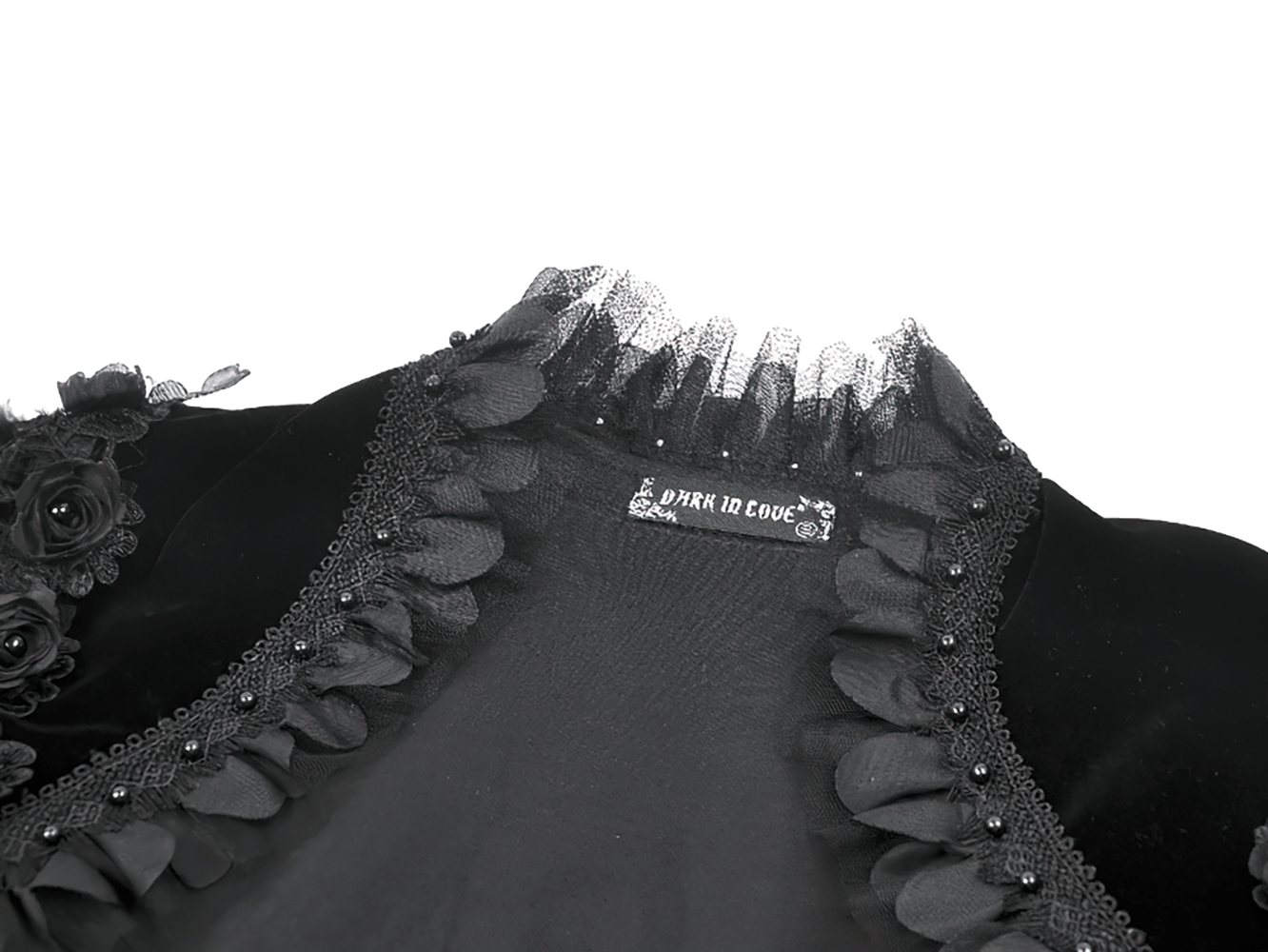 Gothic Black Velvet Shrug with Lace and Feather Trim showing intricate lace and ruffle details.