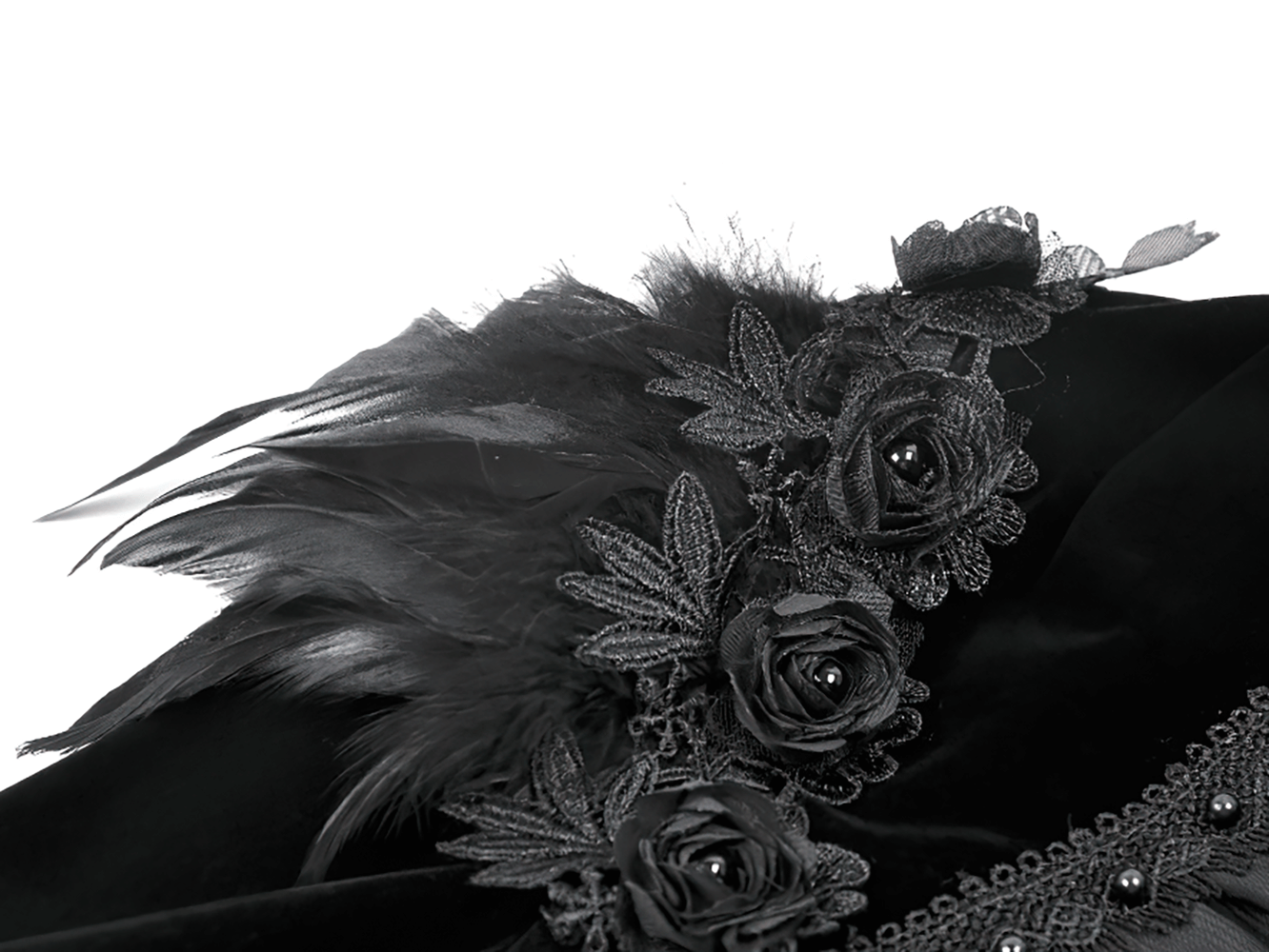 Gothic Black Velvet Shrug with Lace and Feather Trim decorated with black roses and feathers.