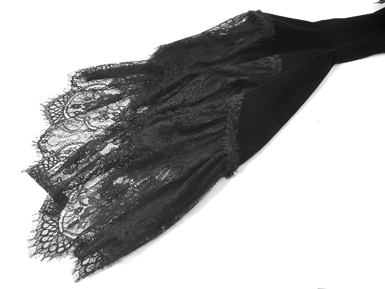 Gothic Black Velvet Shrug with Lace and Feather Trim showcasing lace bell sleeves and intricate ruffles.