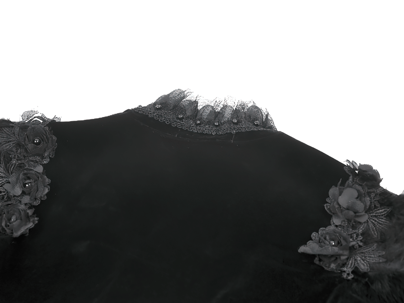 Gothic Black Velvet Shrug with Lace and Feather Trim featuring lace detail and floral accents on the shoulders.