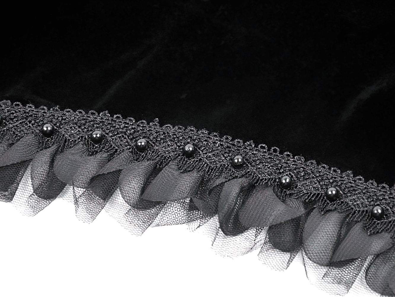 Gothic Black Velvet Shrug with Lace and Feather Trim featuring intricate lace and ruffled trim details.