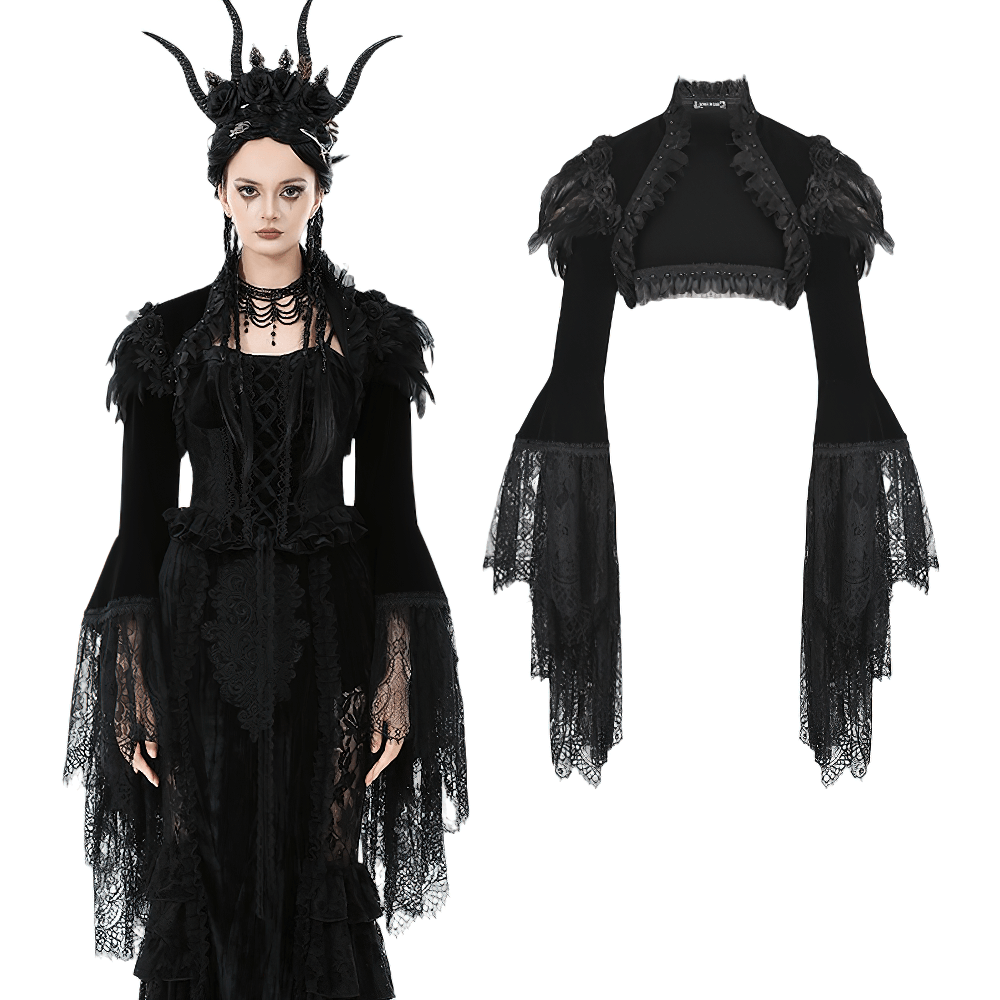 Gothic Black Velvet Shrug with Lace and Feather Trim elegantly displayed on a model with dark accessories.