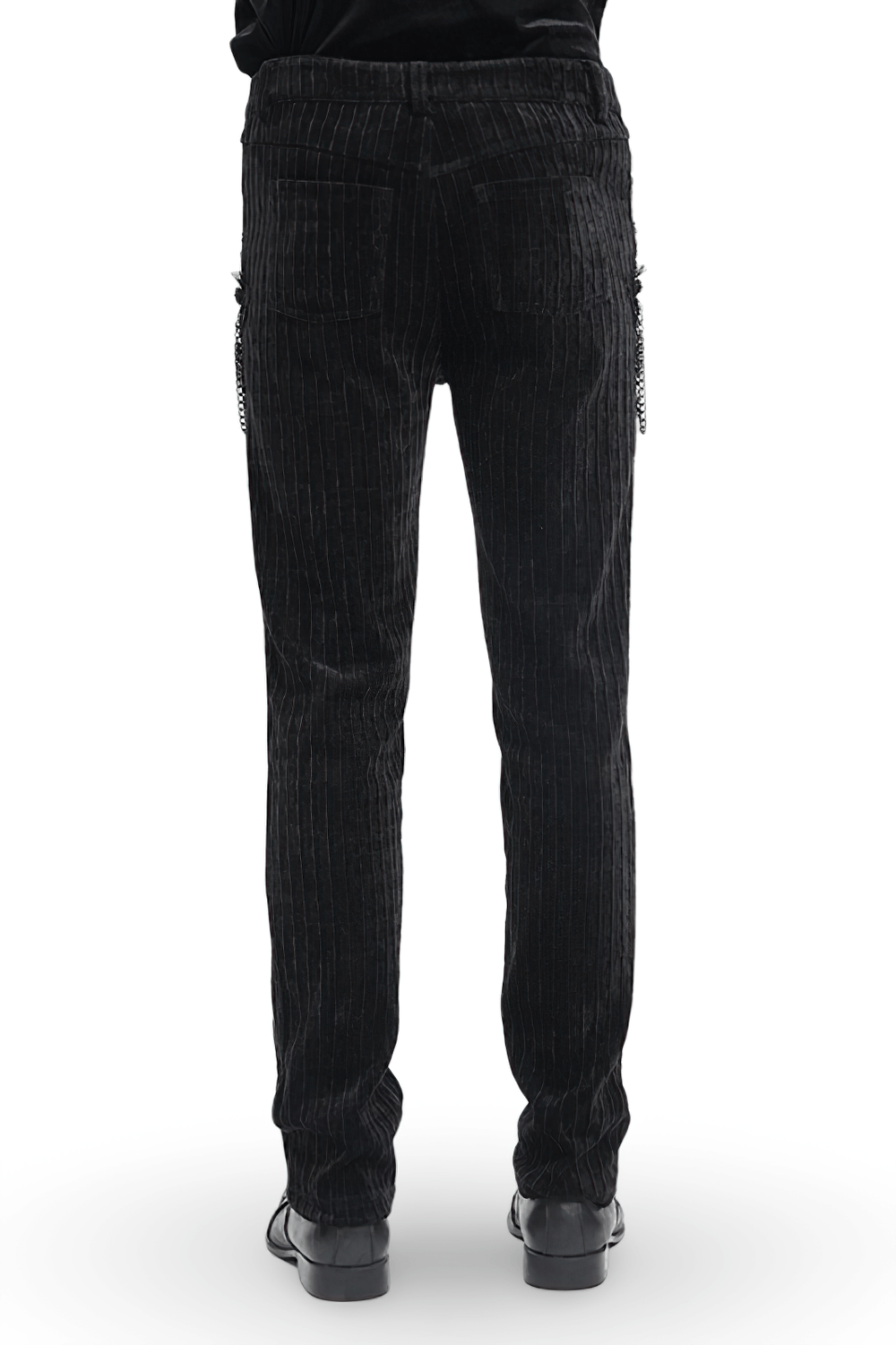 Back view of Gothic Black Velvet Slim Fit Pants with chain embellishments and pinstripe design.