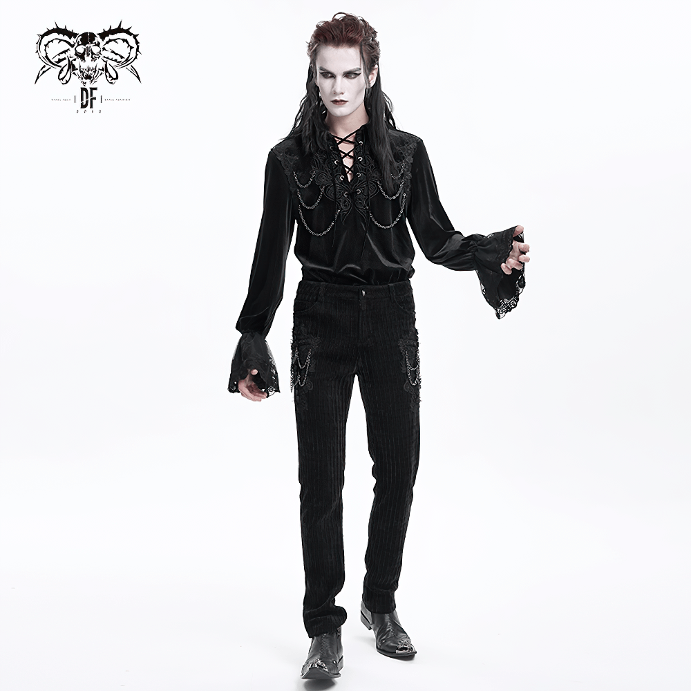 Gothic black velvet slim fit pants with chain details and embroidered shirt, perfect for bold gothic fashion.