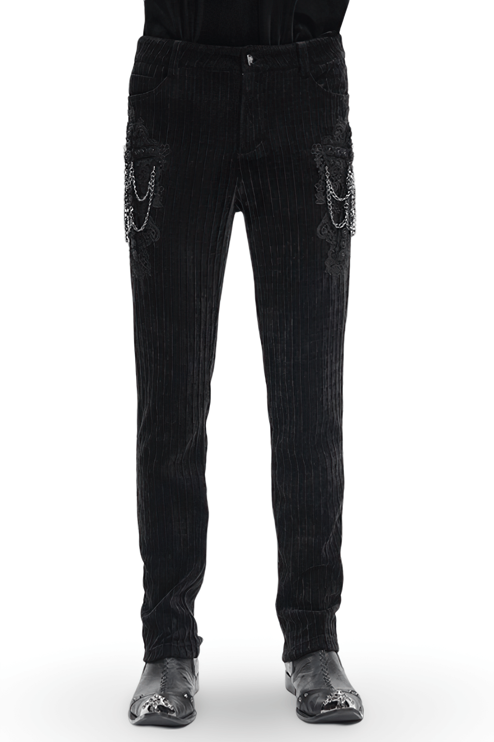 Men's gothic black velvet slim fit pants with embroidered designs and chain details, perfect for edgy fashion.