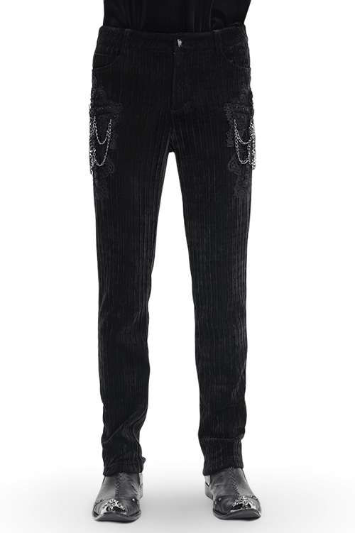 Gothic Black Velvet Slim Fit Pants with Chain Embellishments