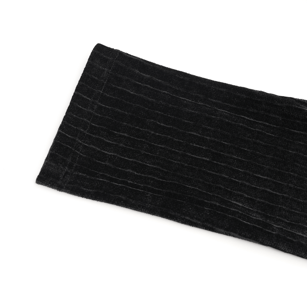 Close-up of Gothic black velvet fabric with pinstripe design for slim fit pants, showcasing luxurious texture and style.