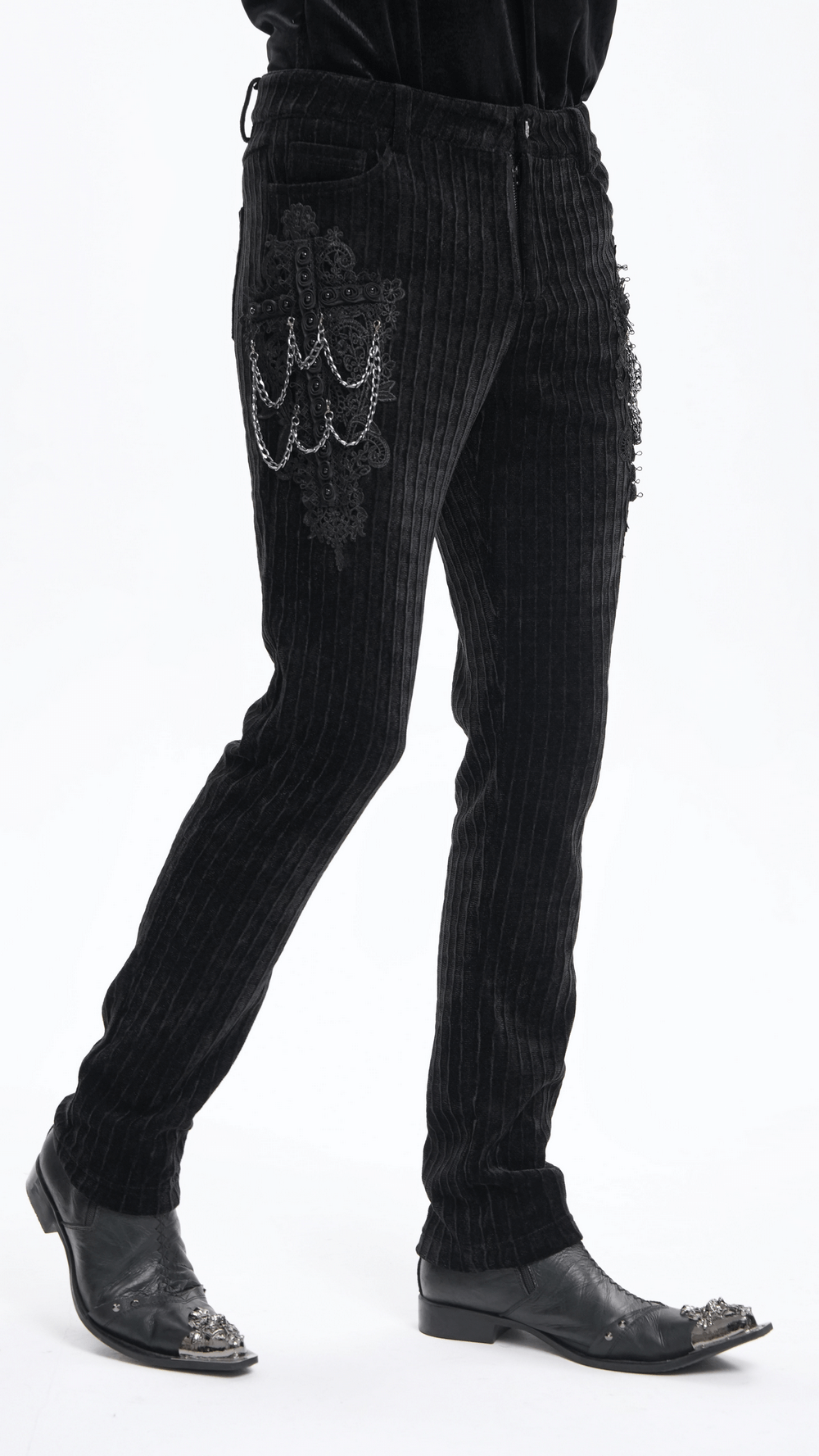 Men's gothic black velvet slim fit pants with chain embellishments and embroidered details, perfect for a bold statement look.