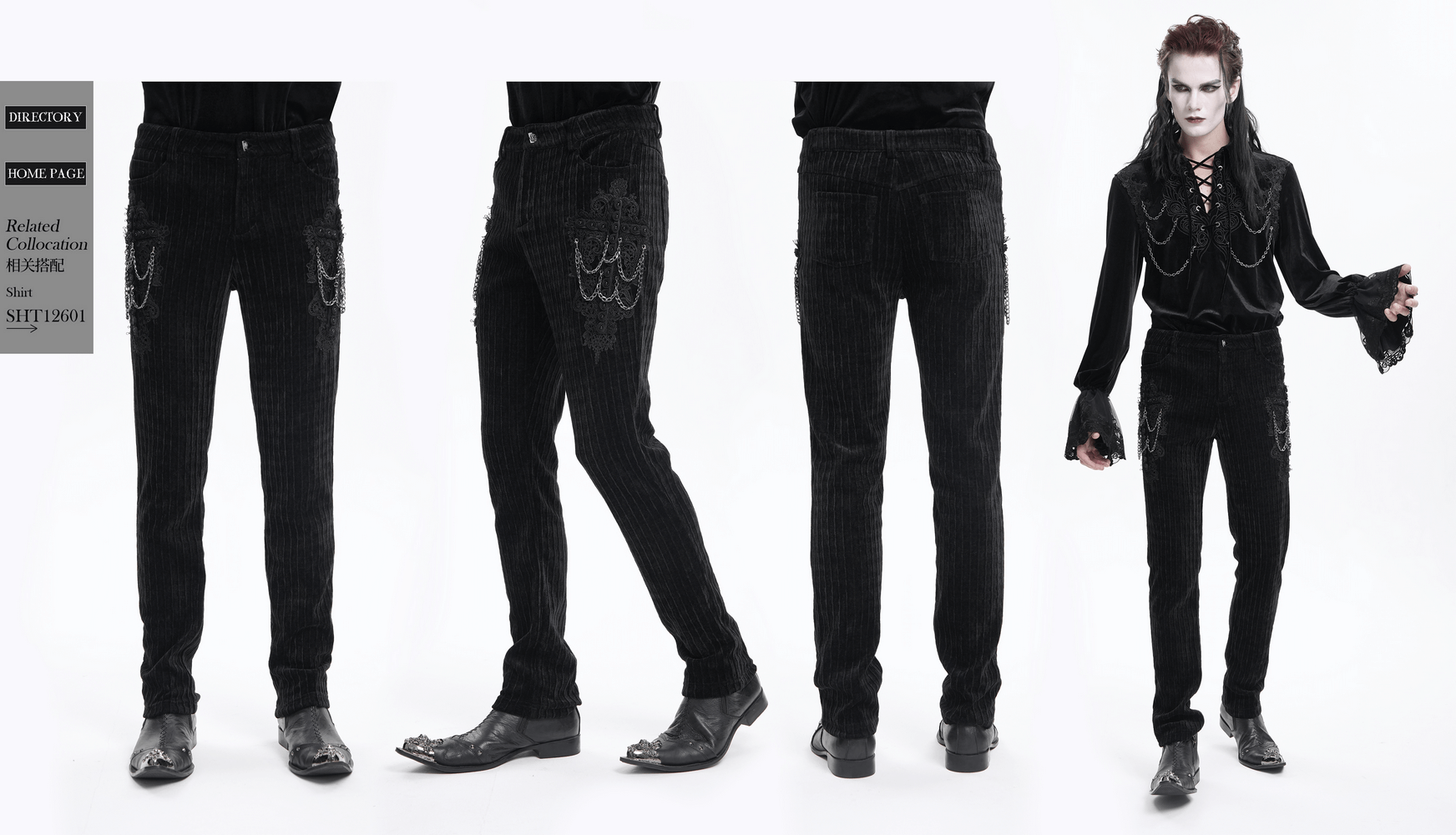 Men's Gothic black velvet slim fit pants with chain embellishments and embroidered details showcased in various angles.